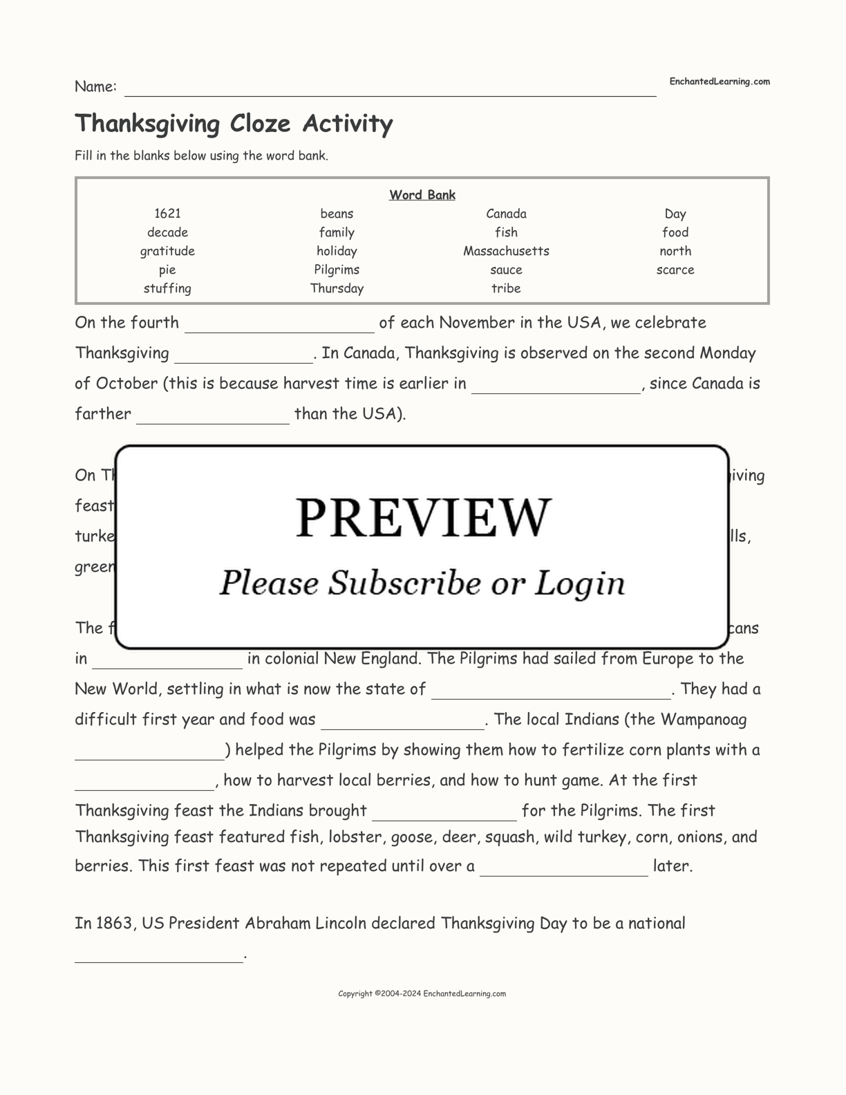 Thanksgiving Cloze Activity interactive worksheet page 1