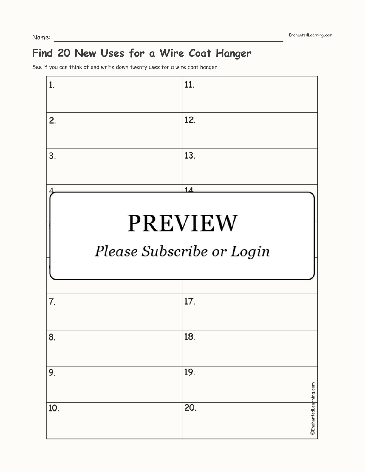 Find 20 New Uses for a Wire Coat Hanger interactive worksheet page 1