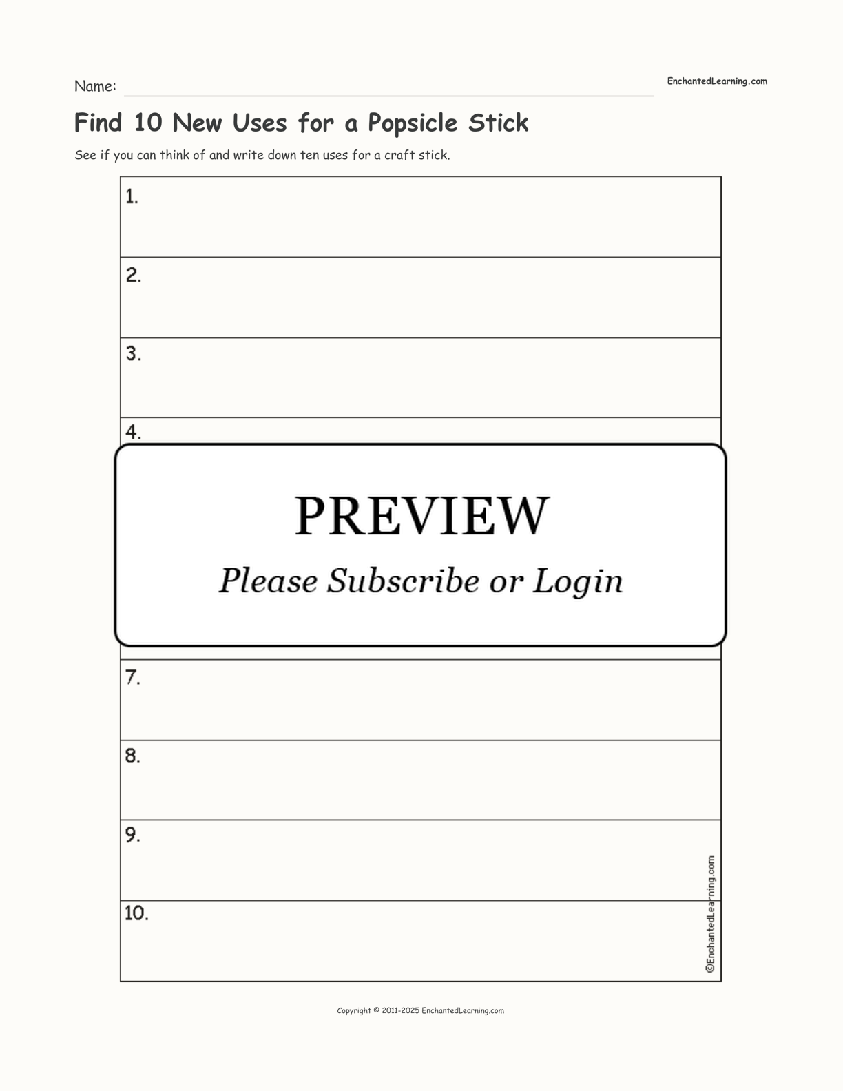 Find 10 New Uses for a Popsicle Stick interactive worksheet page 1