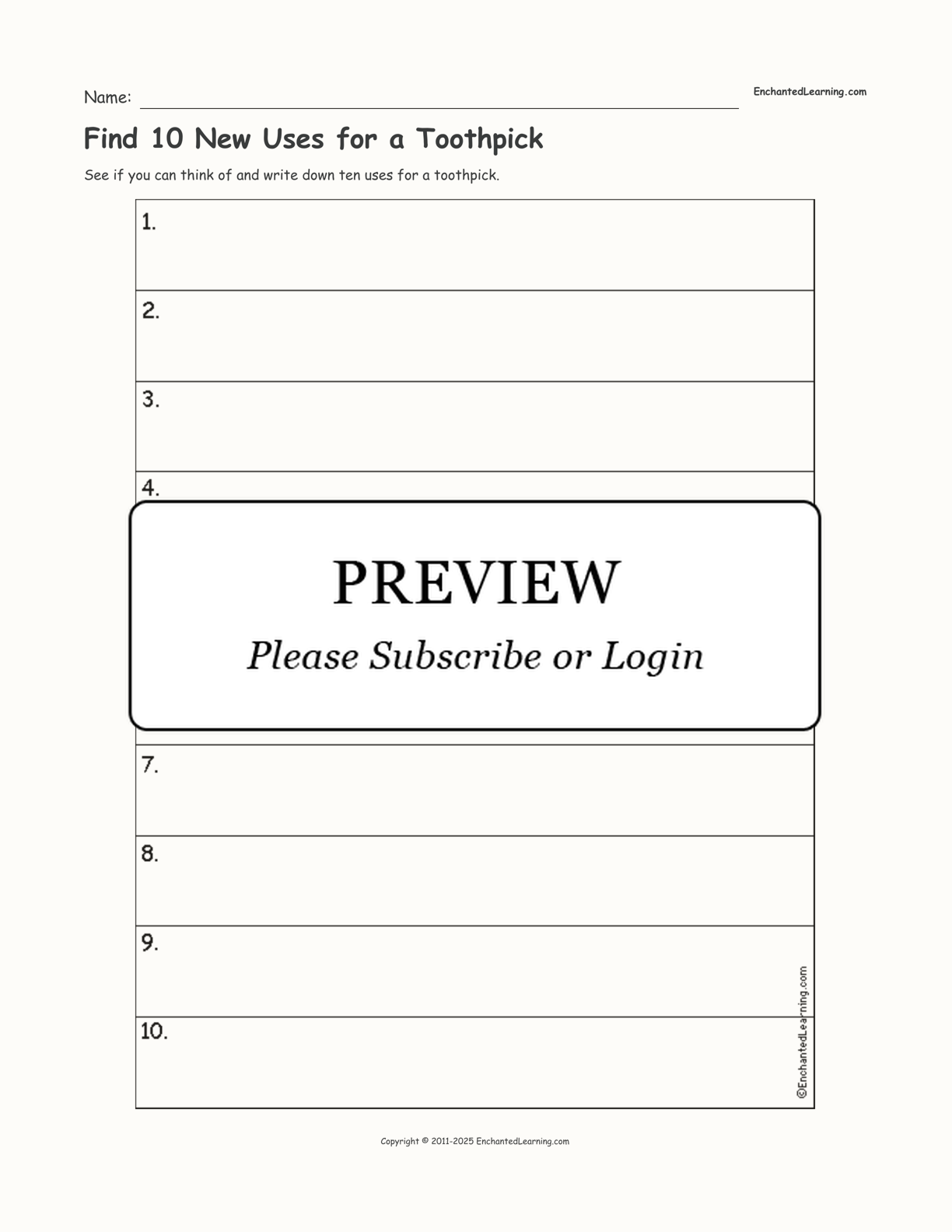 Find 10 New Uses for a Toothpick interactive worksheet page 1