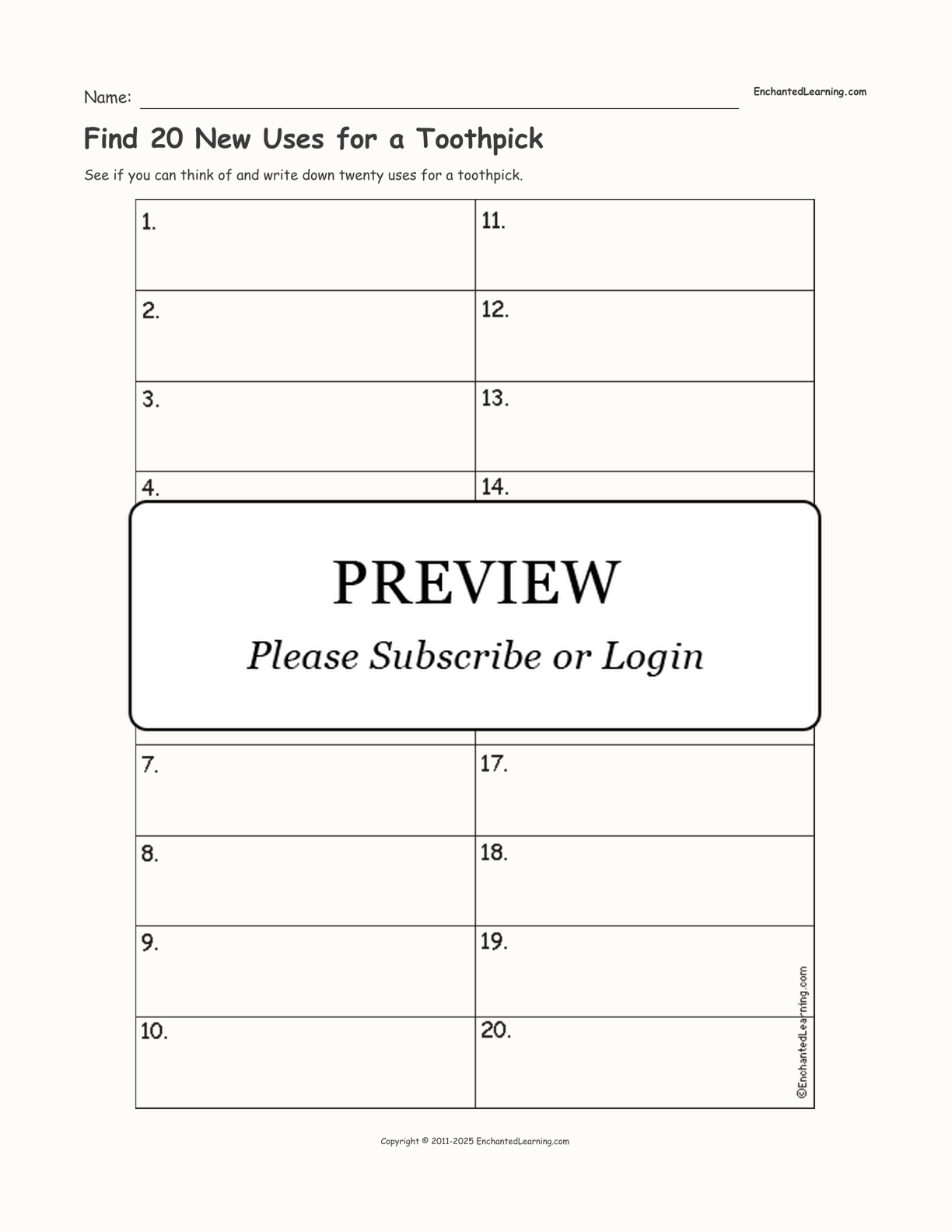 Find 20 New Uses for a Toothpick interactive worksheet page 1