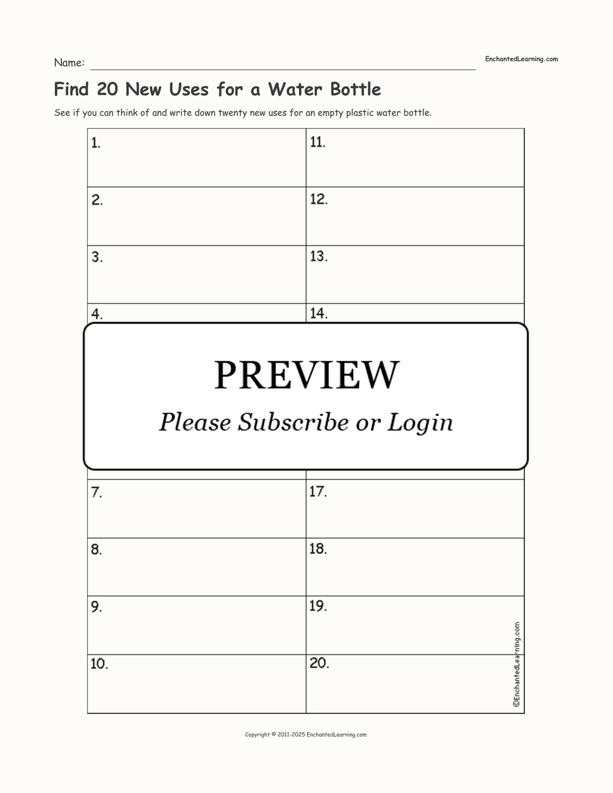 Find 20 New Uses for a Water Bottle interactive worksheet page 1