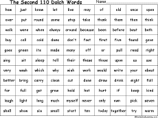 The Second 110 Dolch Words Chart Enchantedlearning Com