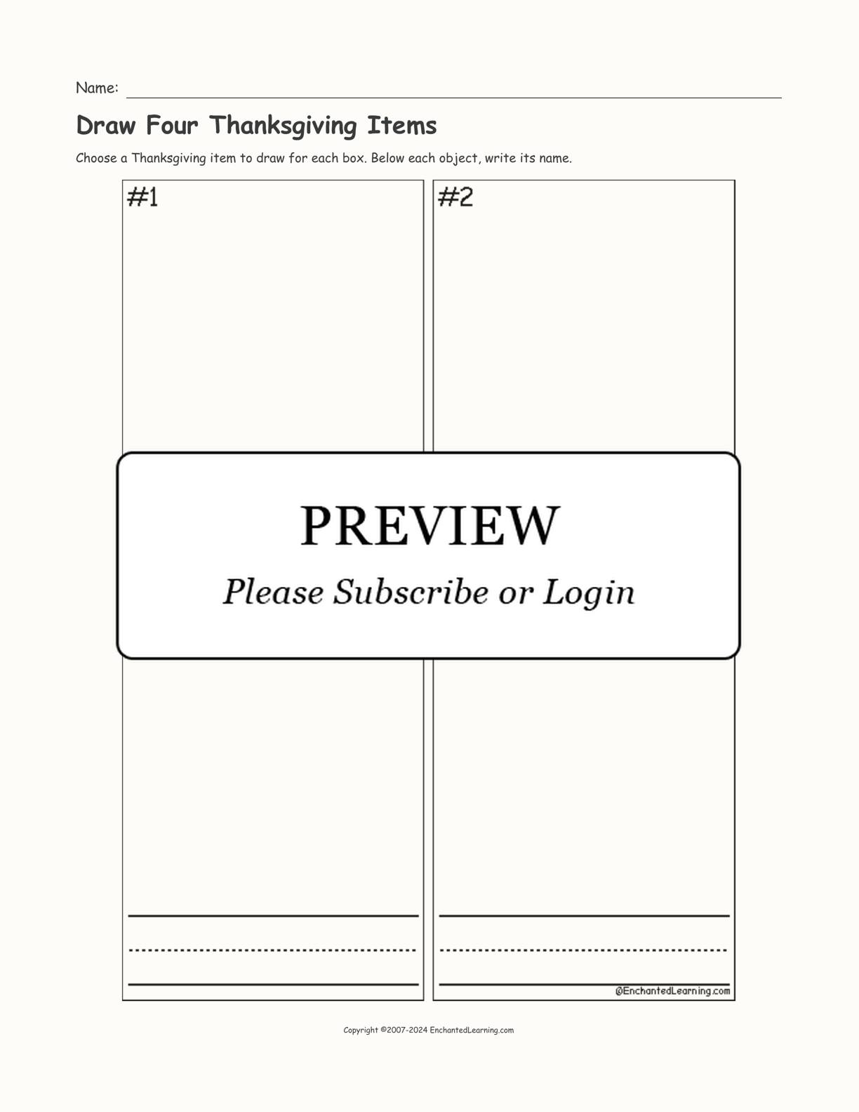 Draw Four Thanksgiving Items interactive printout page 1
