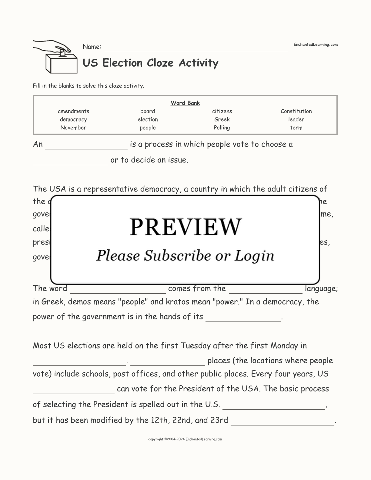 US Election Cloze Activity interactive worksheet page 1