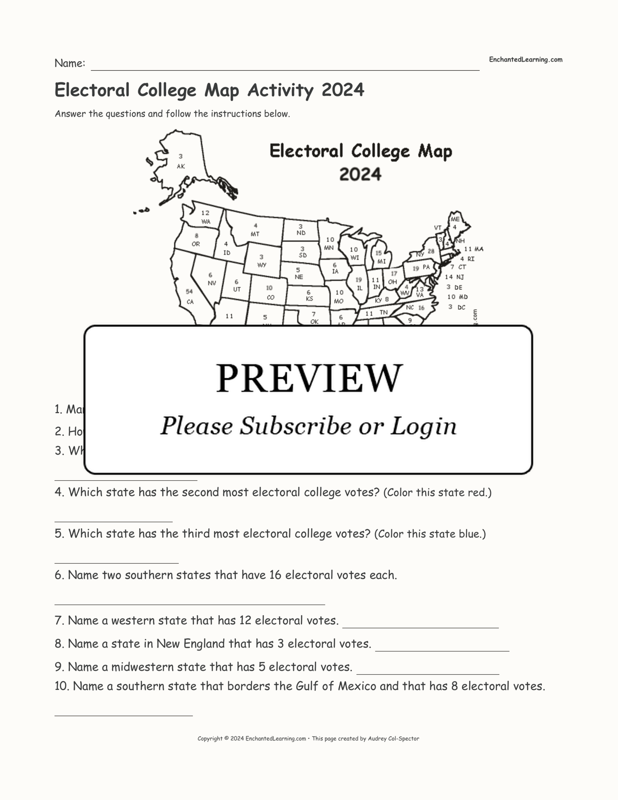 Electoral College Map Activity 2024 interactive worksheet page 1