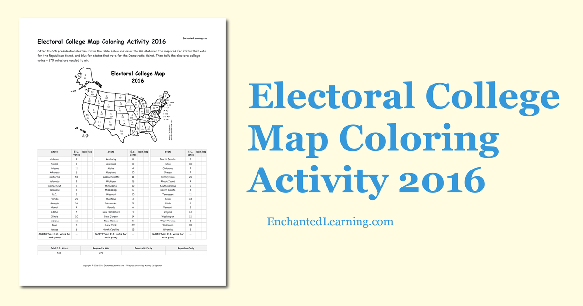 Electoral College Map Coloring Activity 2016 - Enchanted Learning