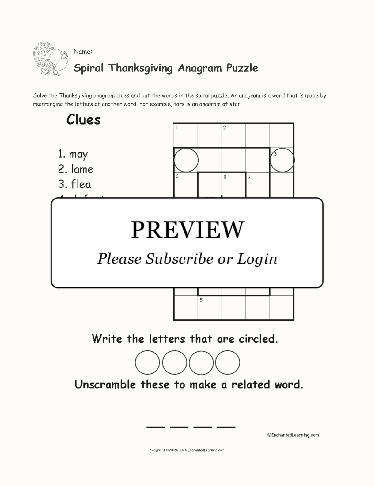 Spiral Thanksgiving Anagram Puzzle interactive worksheet page 1