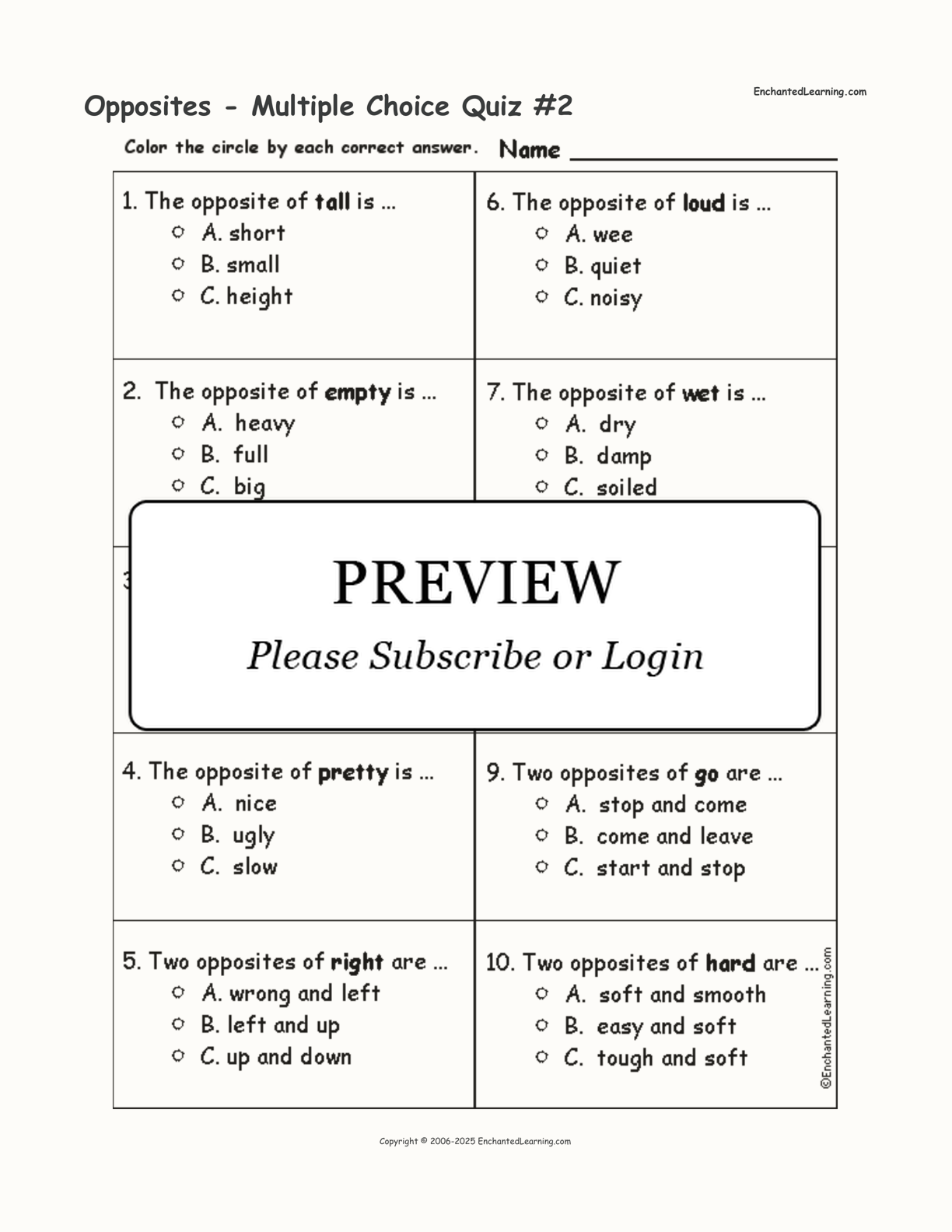 Opposites - Multiple Choice Quiz #2 interactive worksheet page 1