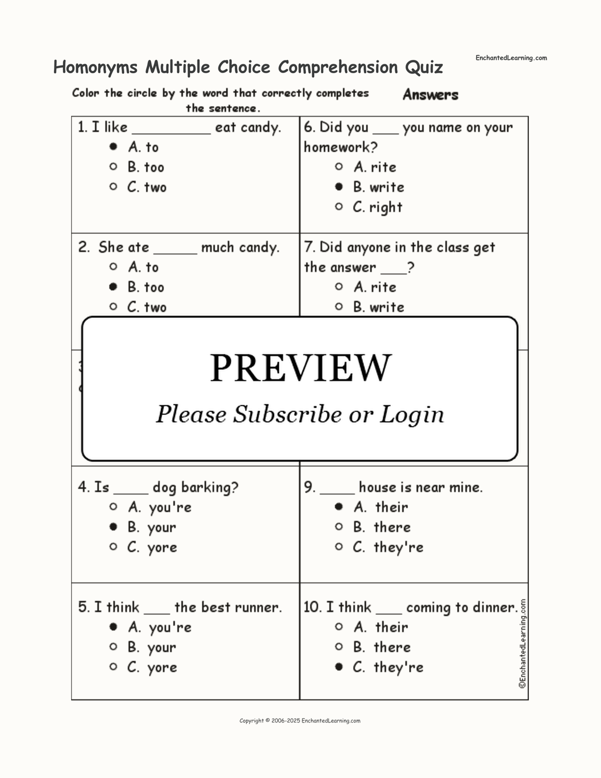 Homonyms Multiple Choice Comprehension Quiz interactive worksheet page 2