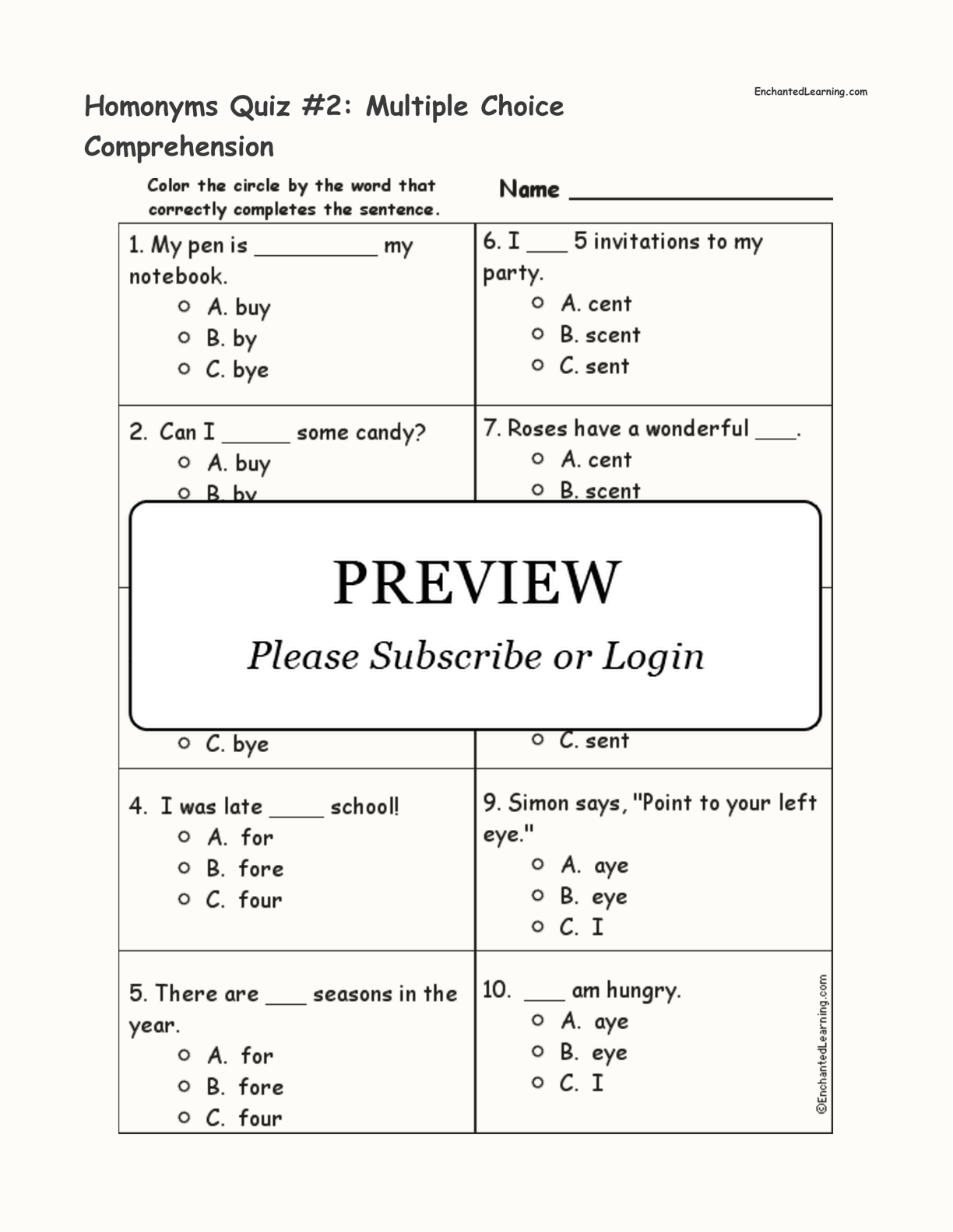 Homonyms Quiz #2: Multiple Choice Comprehension interactive worksheet page 1