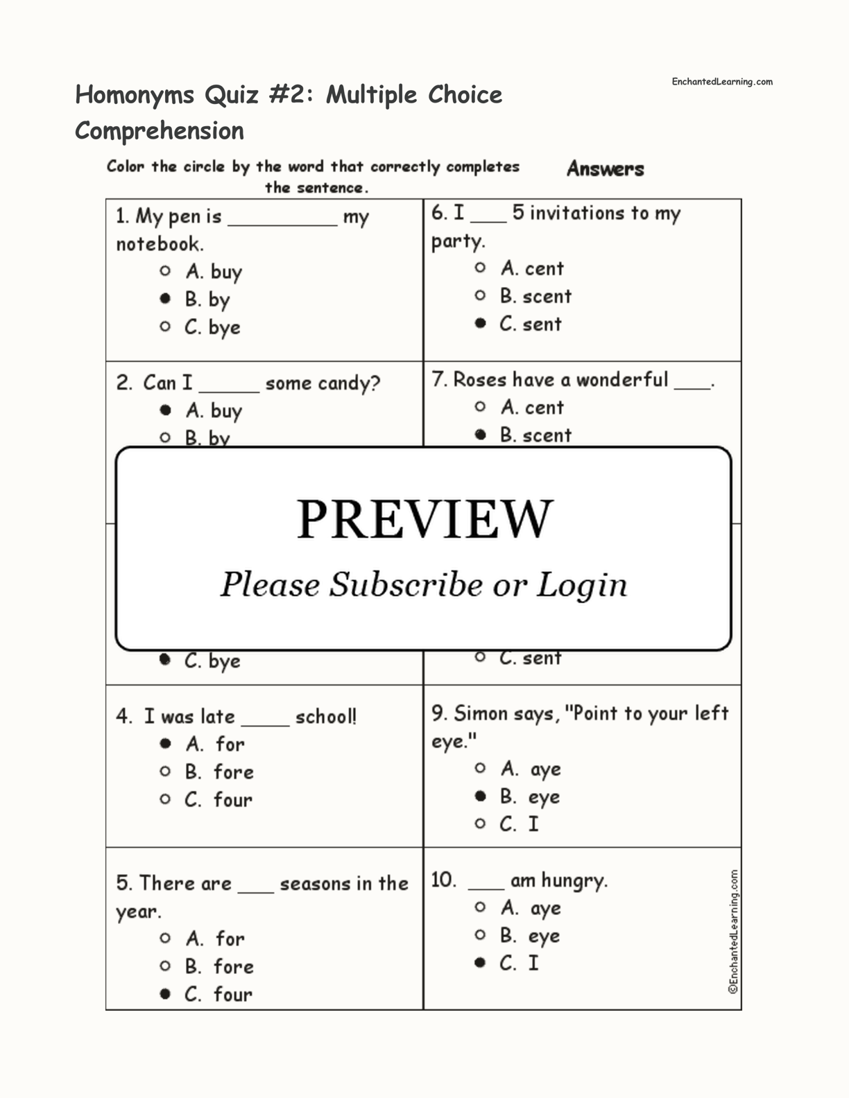 Homonyms Quiz #2: Multiple Choice Comprehension interactive worksheet page 2