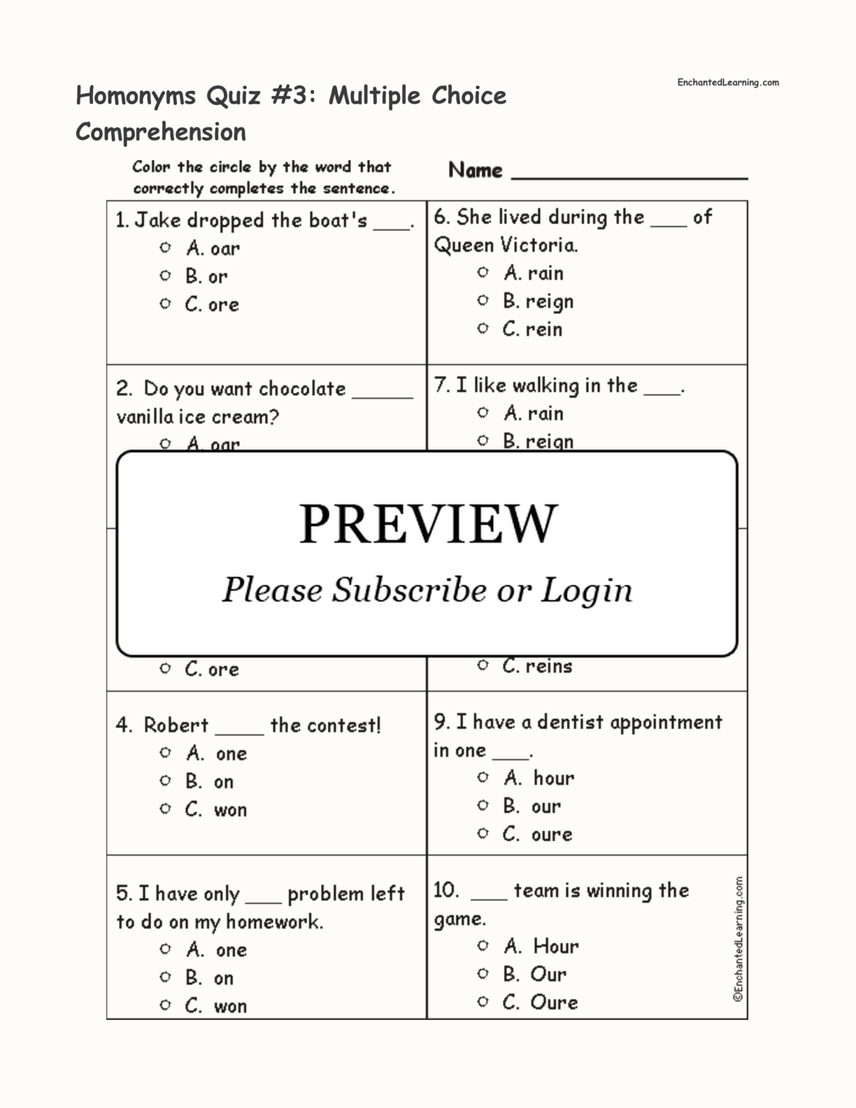 Homonyms Quiz #3: Multiple Choice Comprehension interactive worksheet page 1