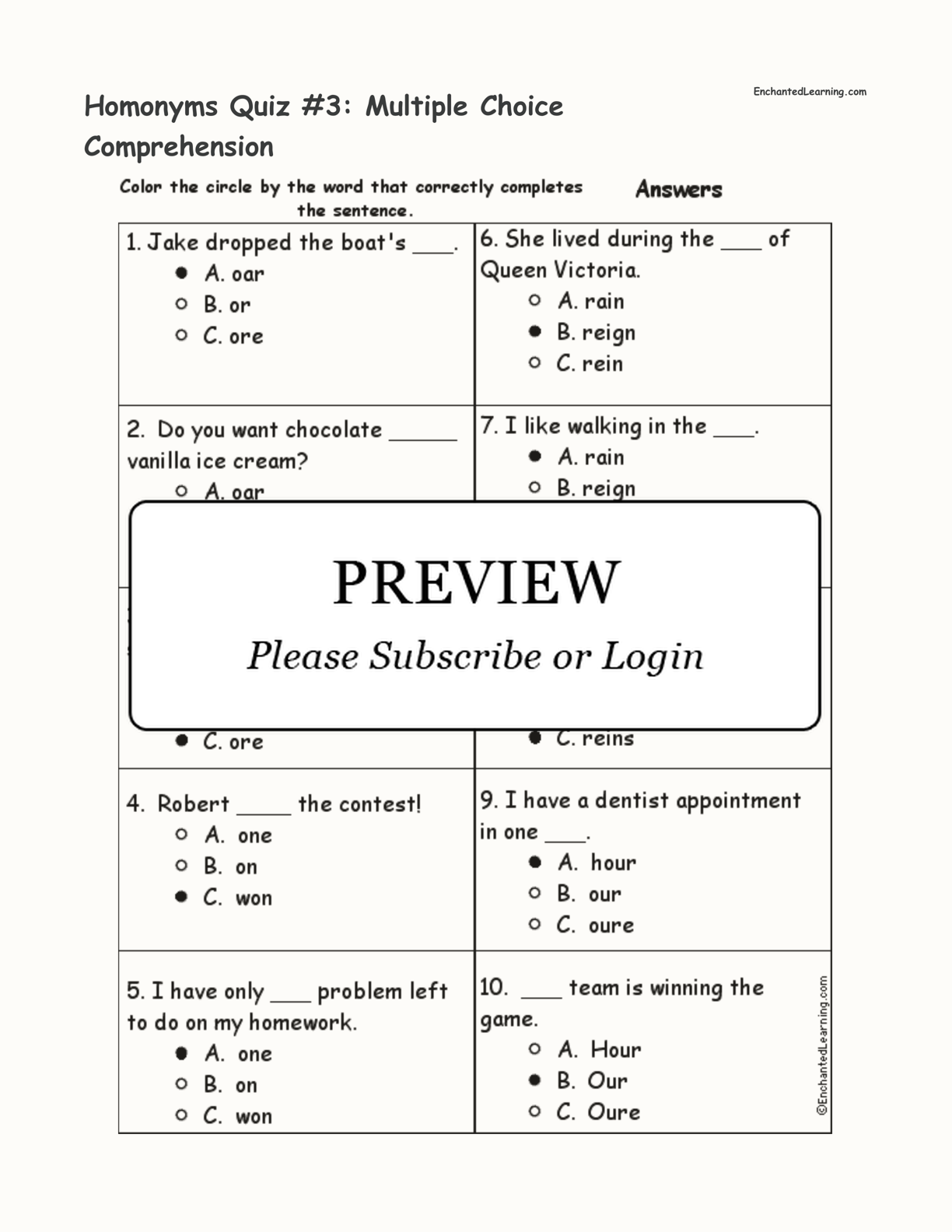 Homonyms Quiz #3: Multiple Choice Comprehension interactive worksheet page 2