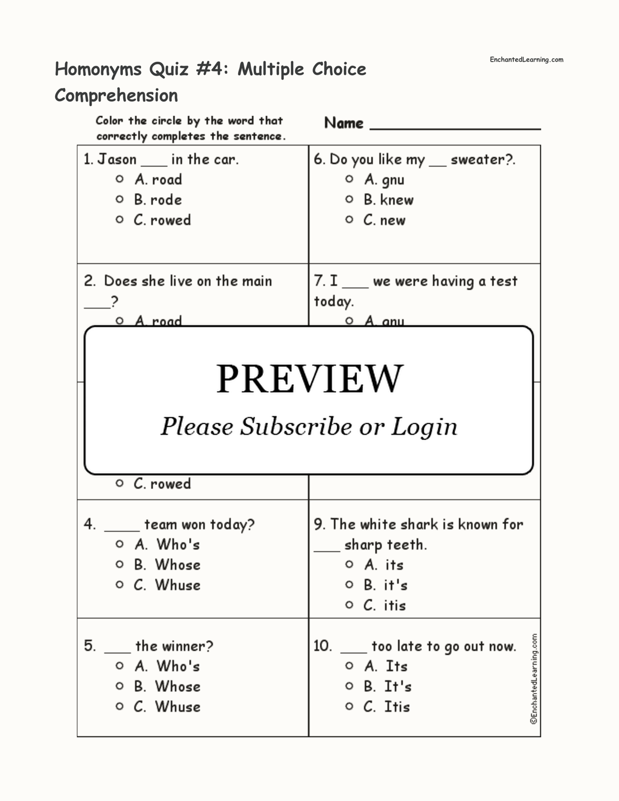 Homonyms Quiz #4: Multiple Choice Comprehension interactive worksheet page 1