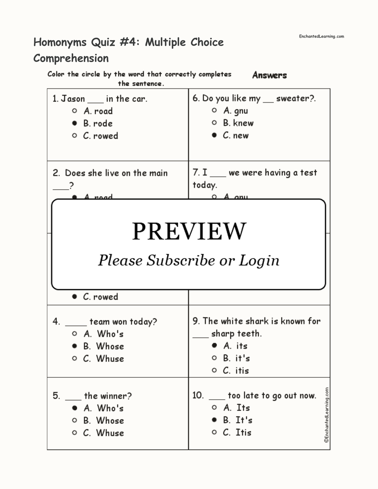 Homonyms Quiz #4: Multiple Choice Comprehension interactive worksheet page 2