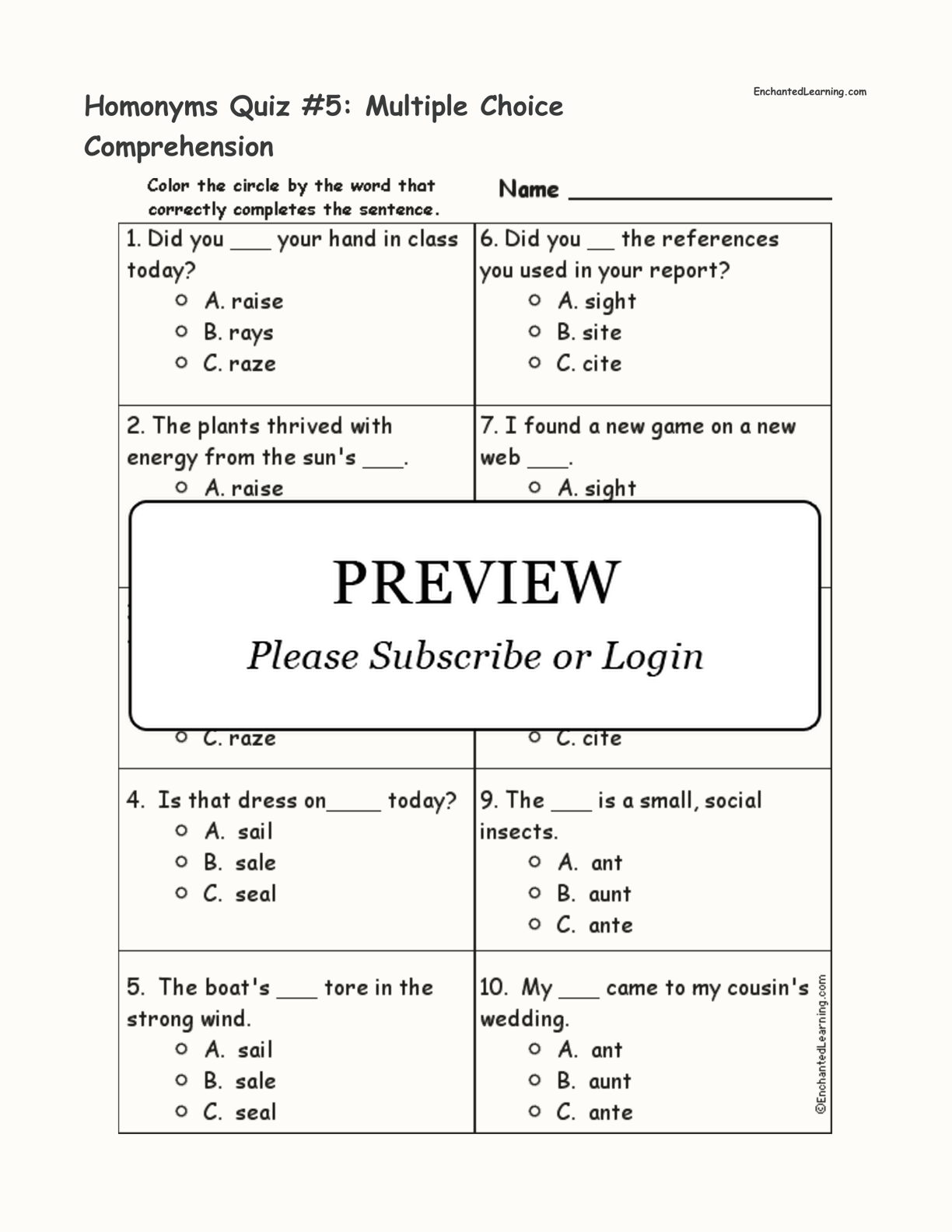 Homonyms Quiz #5: Multiple Choice Comprehension interactive worksheet page 1