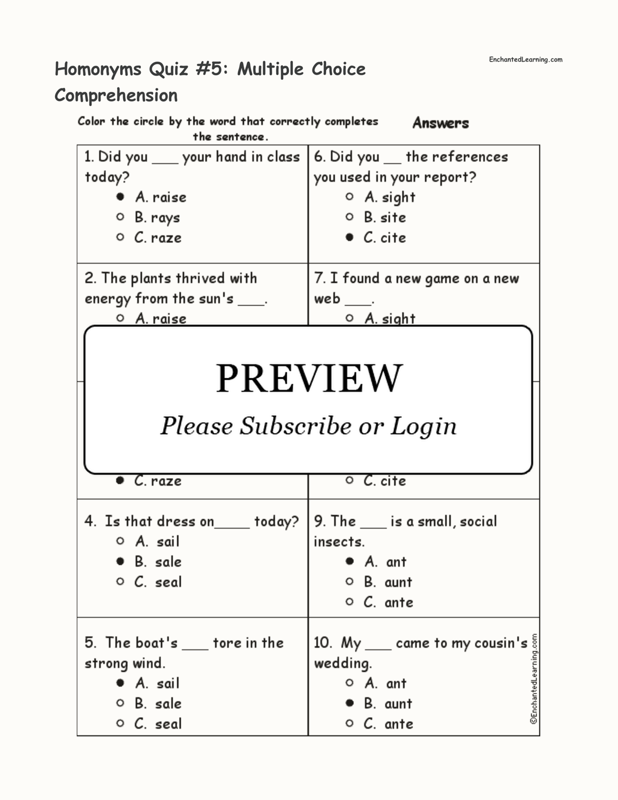 Homonyms Quiz #5: Multiple Choice Comprehension interactive worksheet page 2