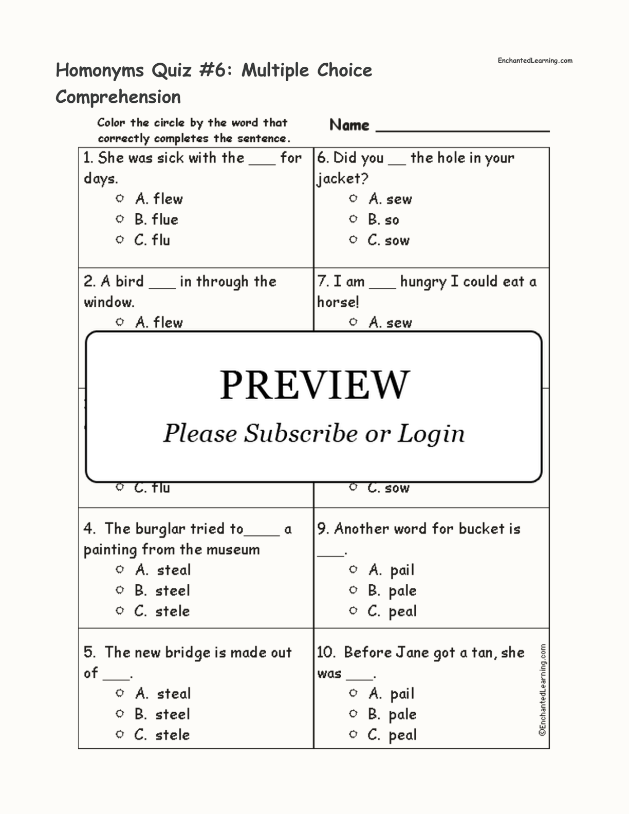 Homonyms Quiz #6: Multiple Choice Comprehension interactive worksheet page 1