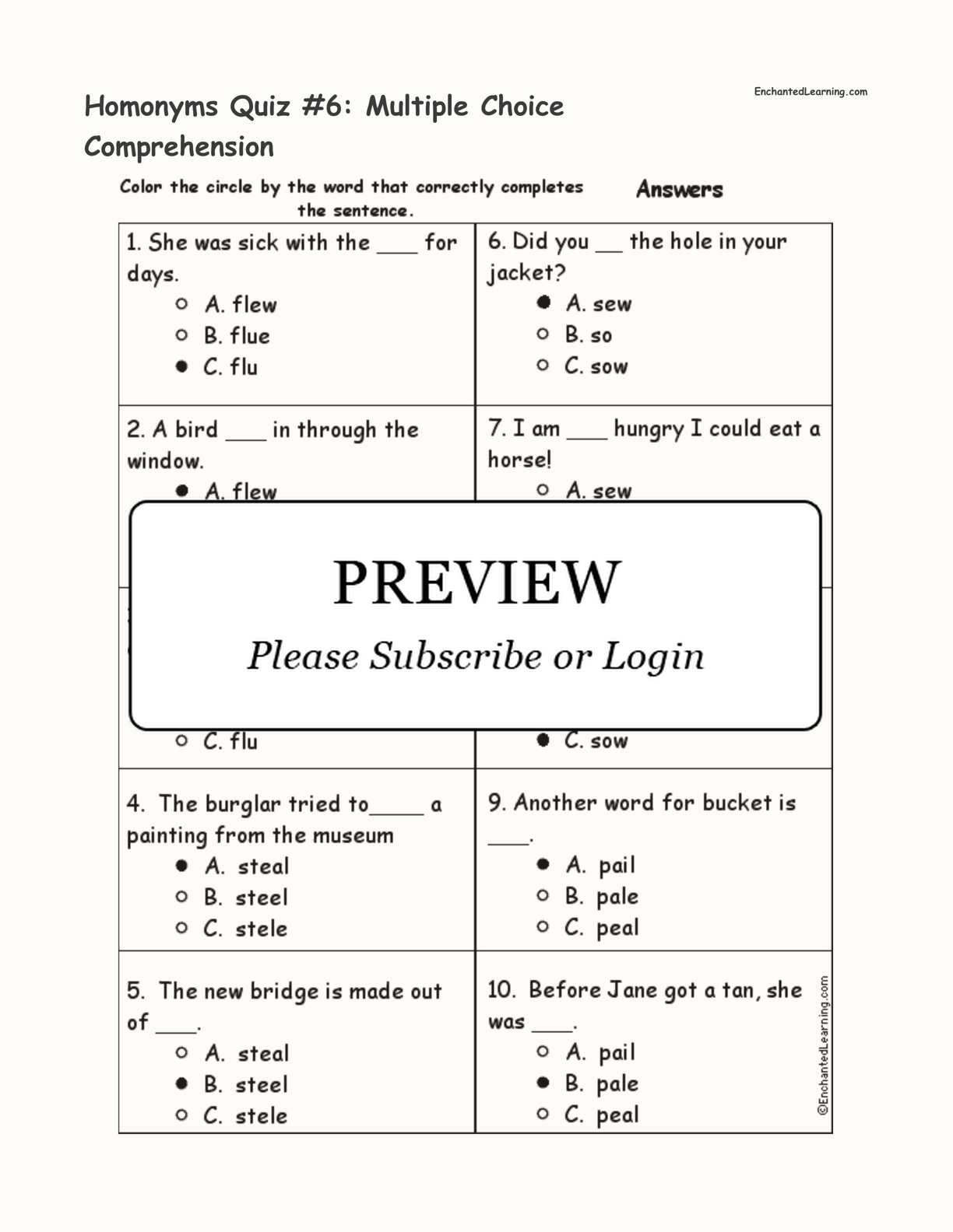 Homonyms Quiz #6: Multiple Choice Comprehension interactive worksheet page 2