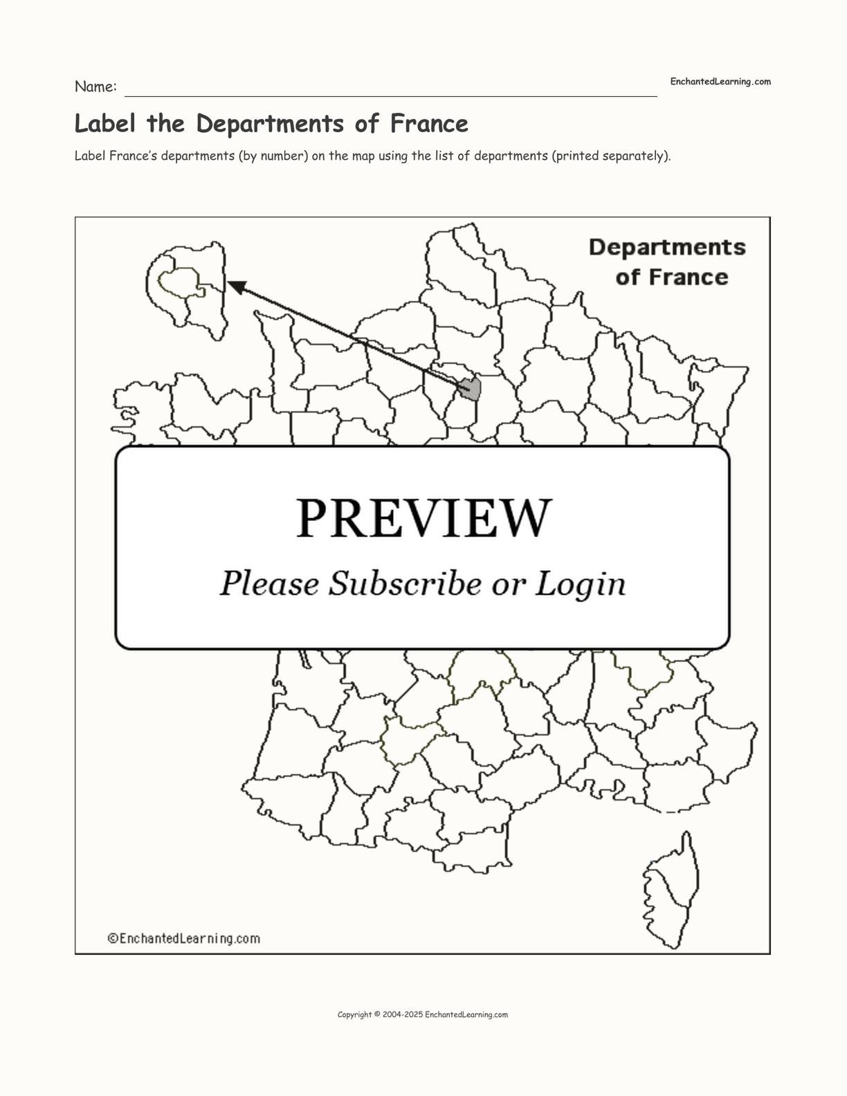 Label the Departments of France interactive worksheet page 1