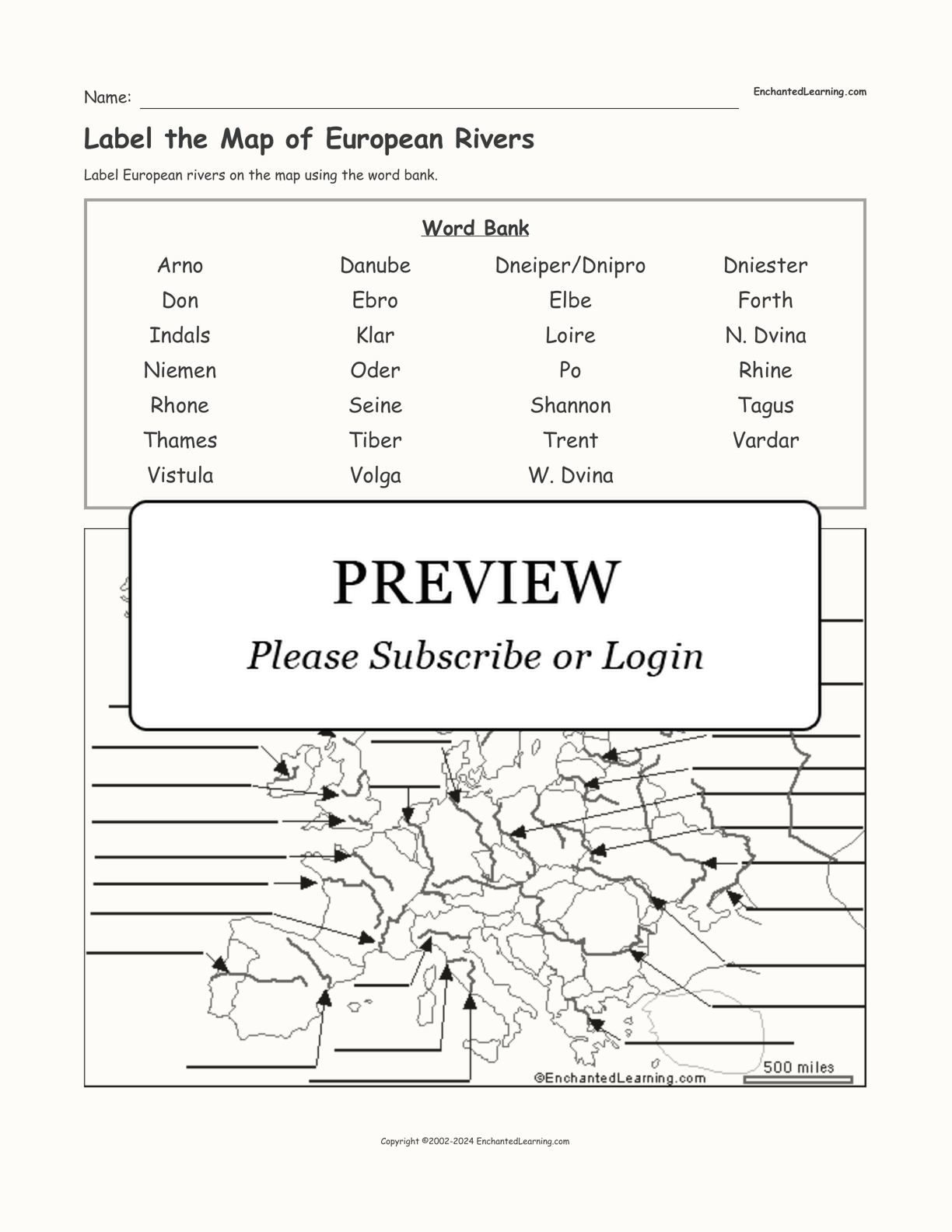 Label the Map of European Rivers interactive worksheet page 1