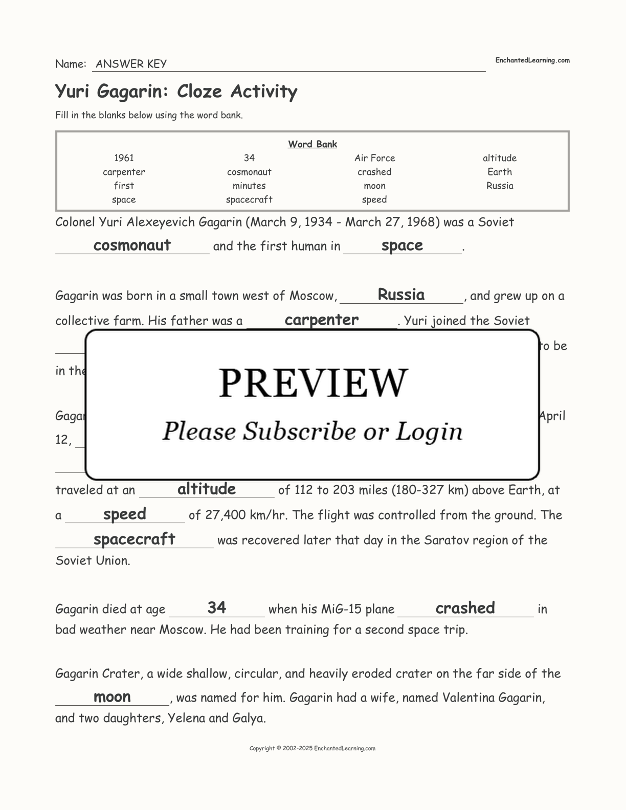 Yuri Gagarin: Cloze Activity interactive worksheet page 2