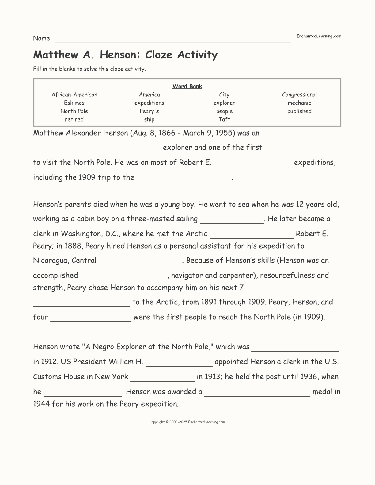 Matthew A. Henson: Cloze Activity interactive worksheet page 1