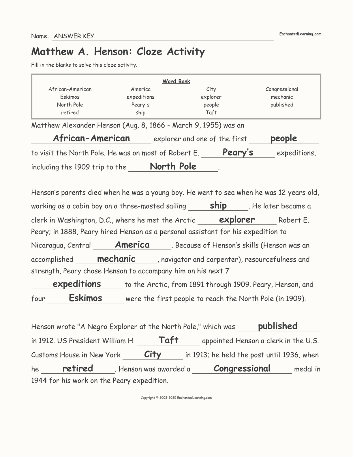 Matthew A. Henson: Cloze Activity interactive worksheet page 2