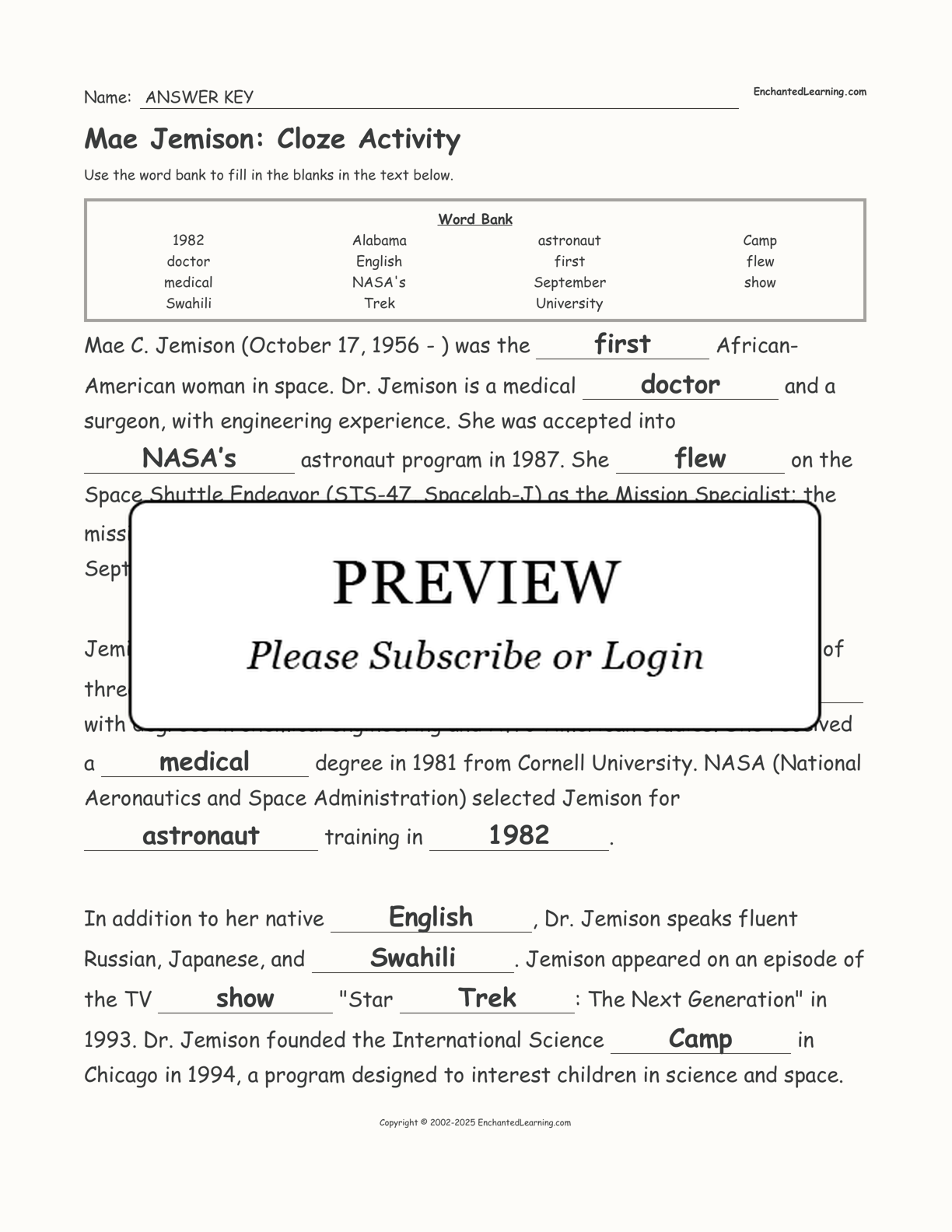 Mae Jemison: Cloze Activity interactive worksheet page 2