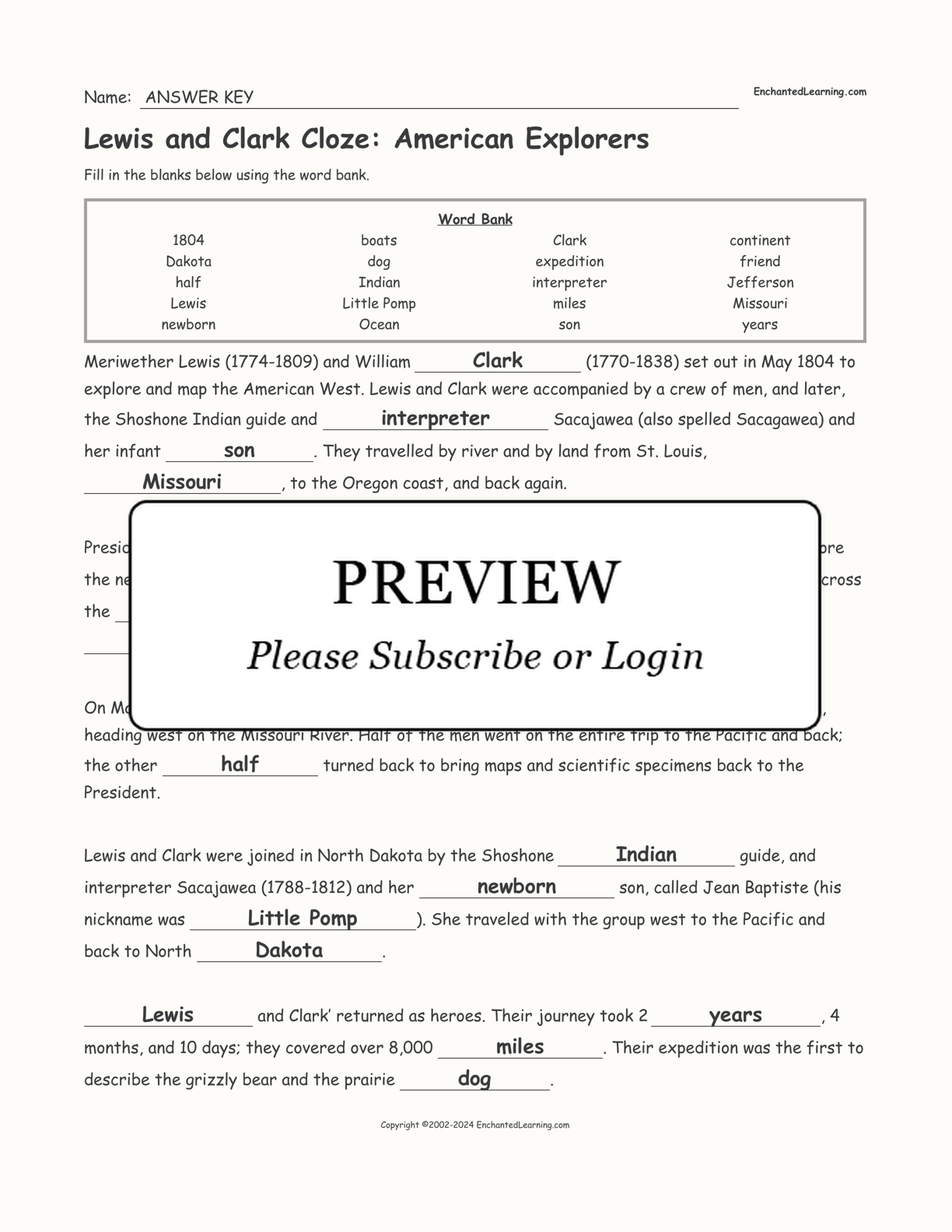 Lewis and Clark Cloze: American Explorers interactive worksheet page 2