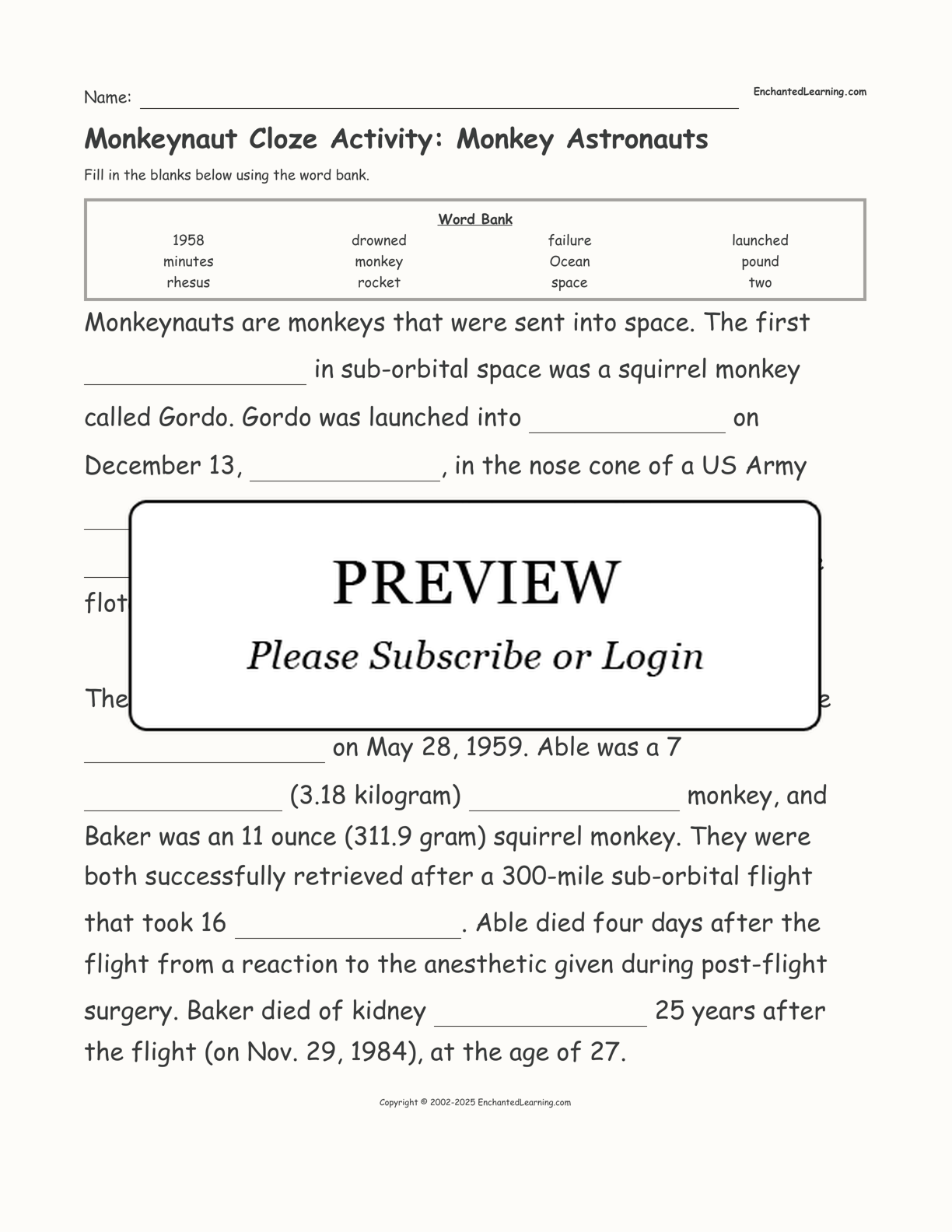 Monkeynaut Cloze Activity: Monkey Astronauts interactive worksheet page 1