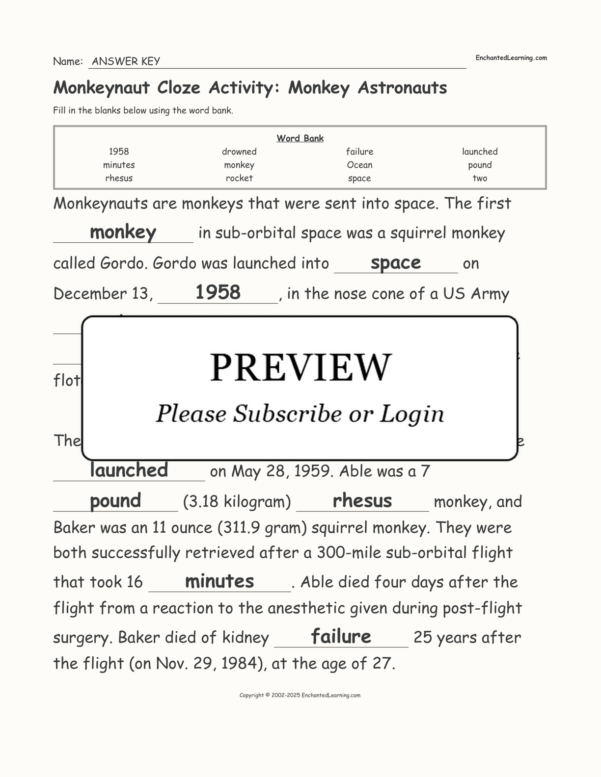 Monkeynaut Cloze Activity: Monkey Astronauts interactive worksheet page 2