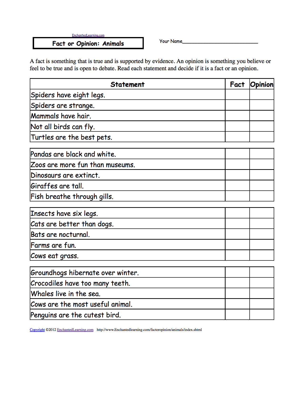 Fact Or Opinion Worksheets To Print EnchantedLearning