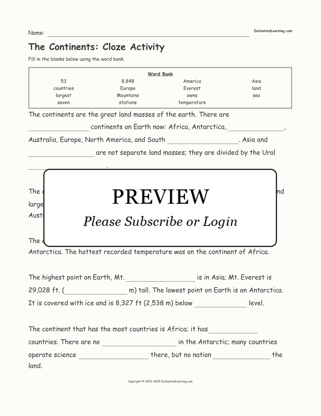 The Continents: Cloze Activity interactive worksheet page 1