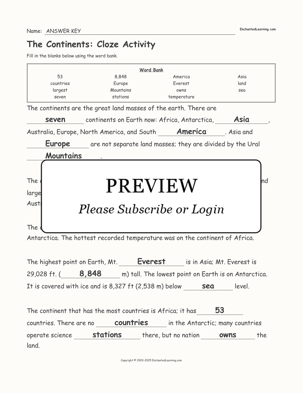 The Continents: Cloze Activity interactive worksheet page 2