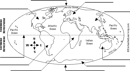 world map black and white continents and oceans