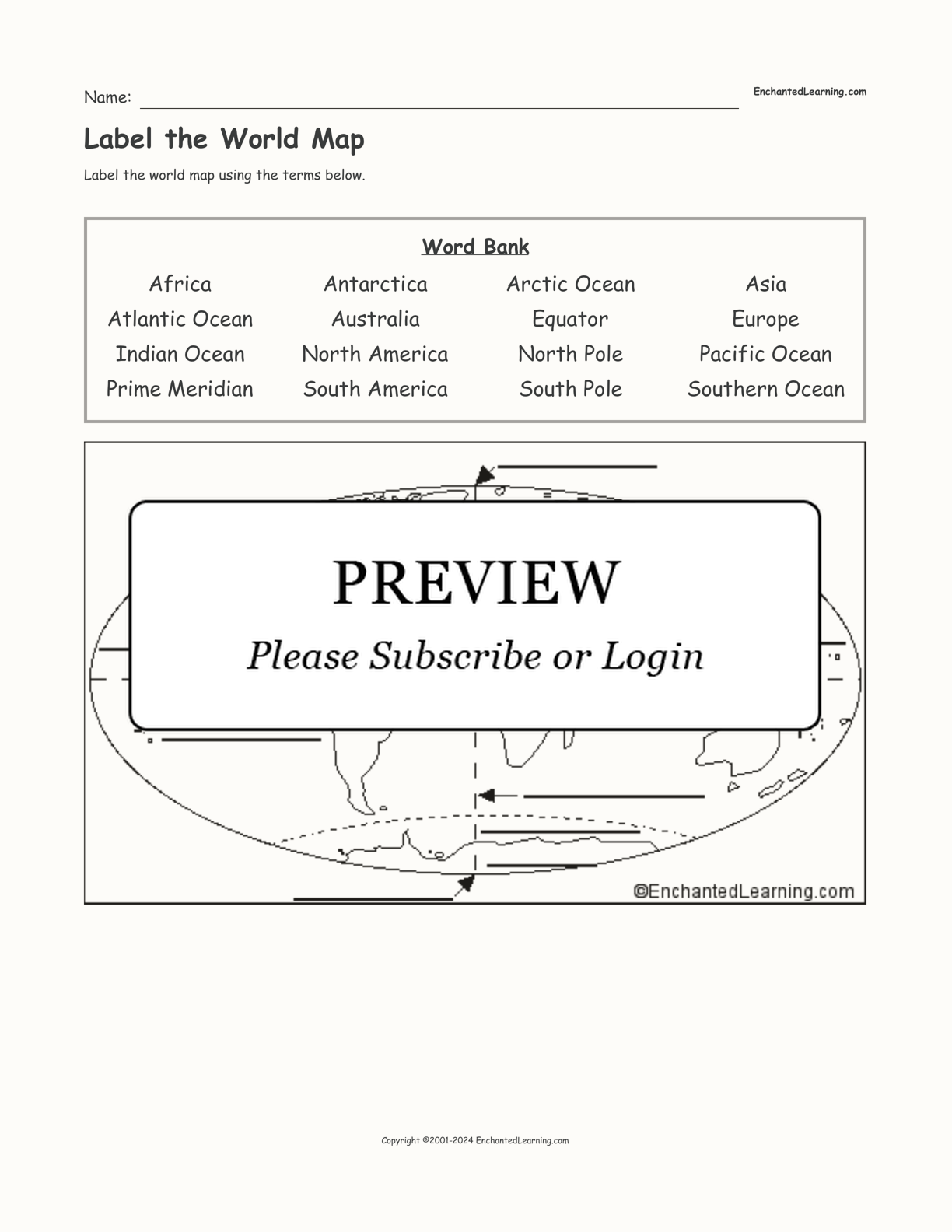 Label the World Map interactive worksheet page 1