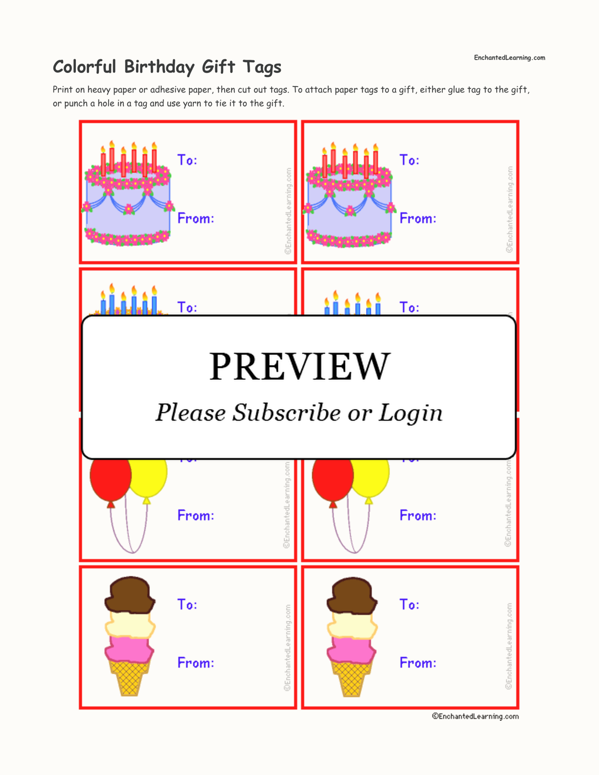 Colorful Birthday Gift Tags interactive printout page 1