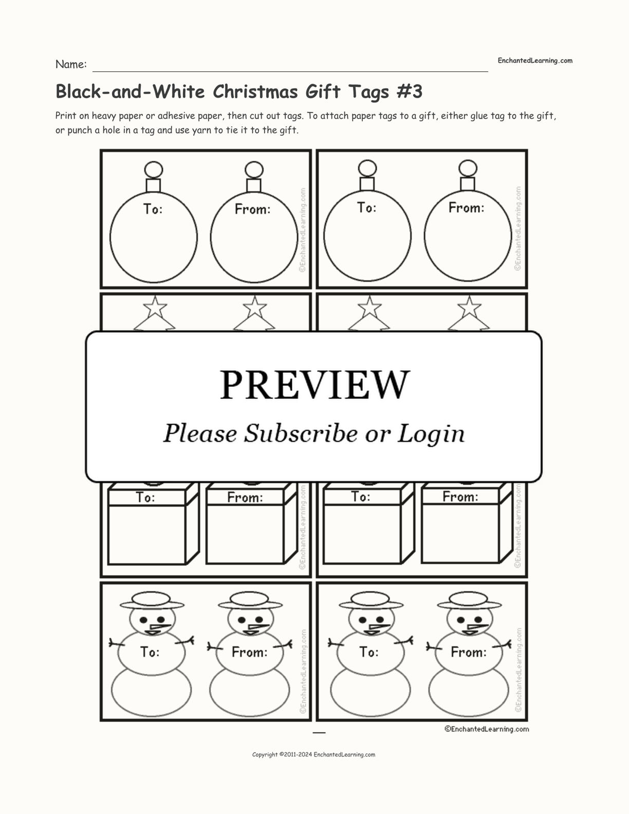 Black-and-White Christmas Gift Tags #3 interactive printout page 1