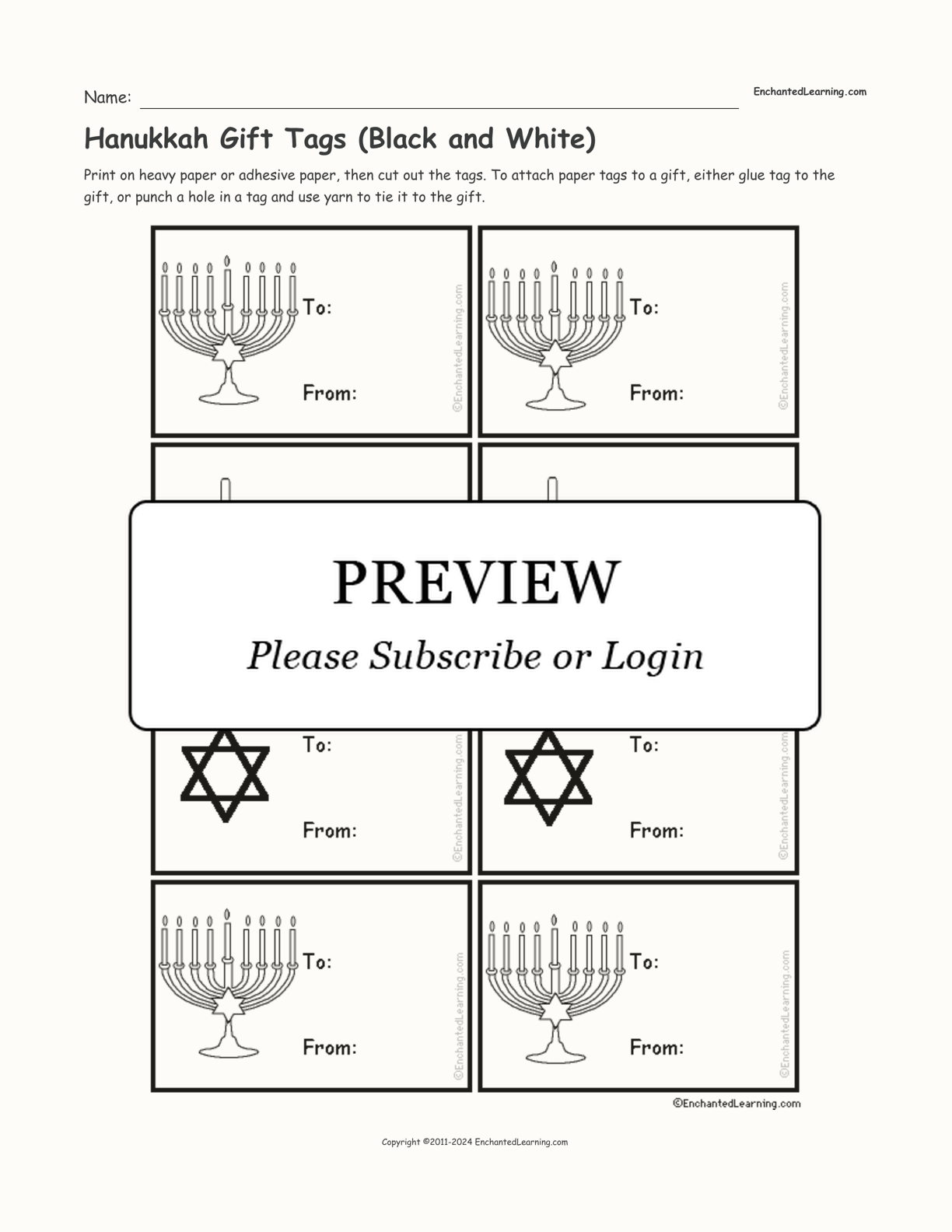 Hanukkah Gift Tags (Black and White) interactive printout page 1
