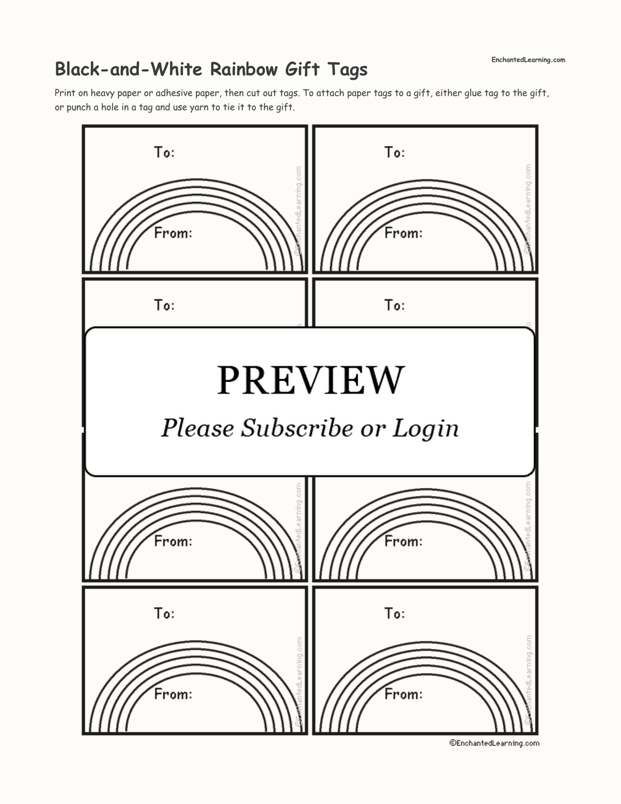 Black-and-White Rainbow Gift Tags interactive printout page 1