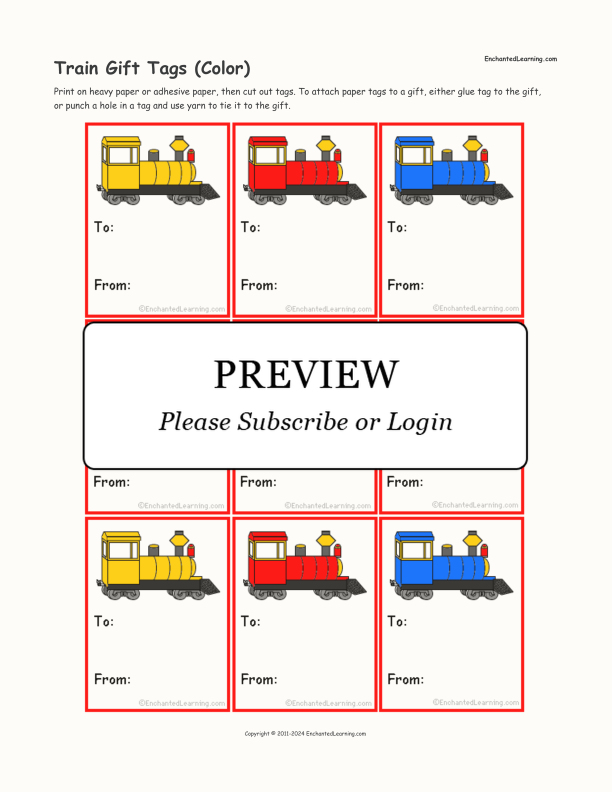 Train Gift Tags (Color) interactive printout page 1