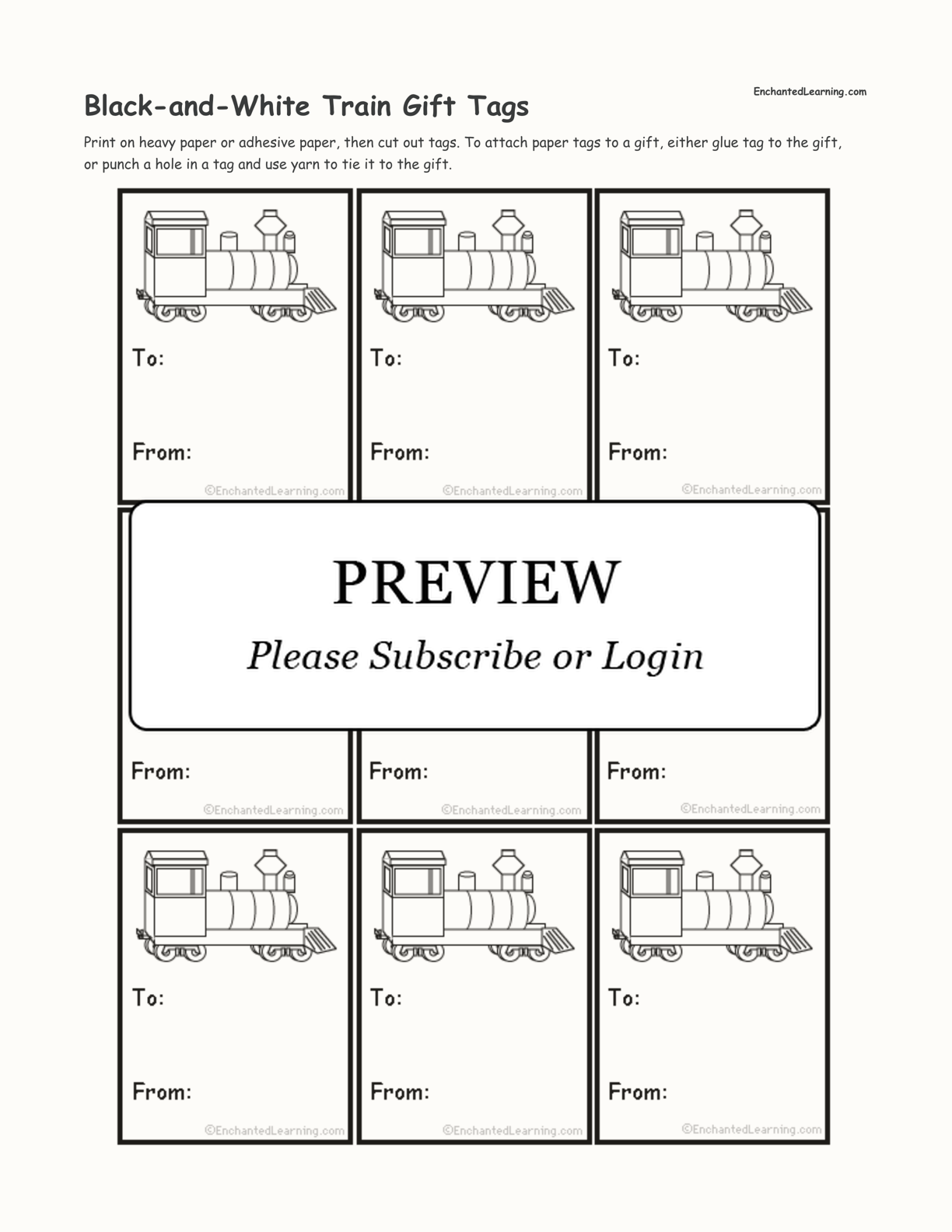 Black-and-White Train Gift Tags interactive printout page 1