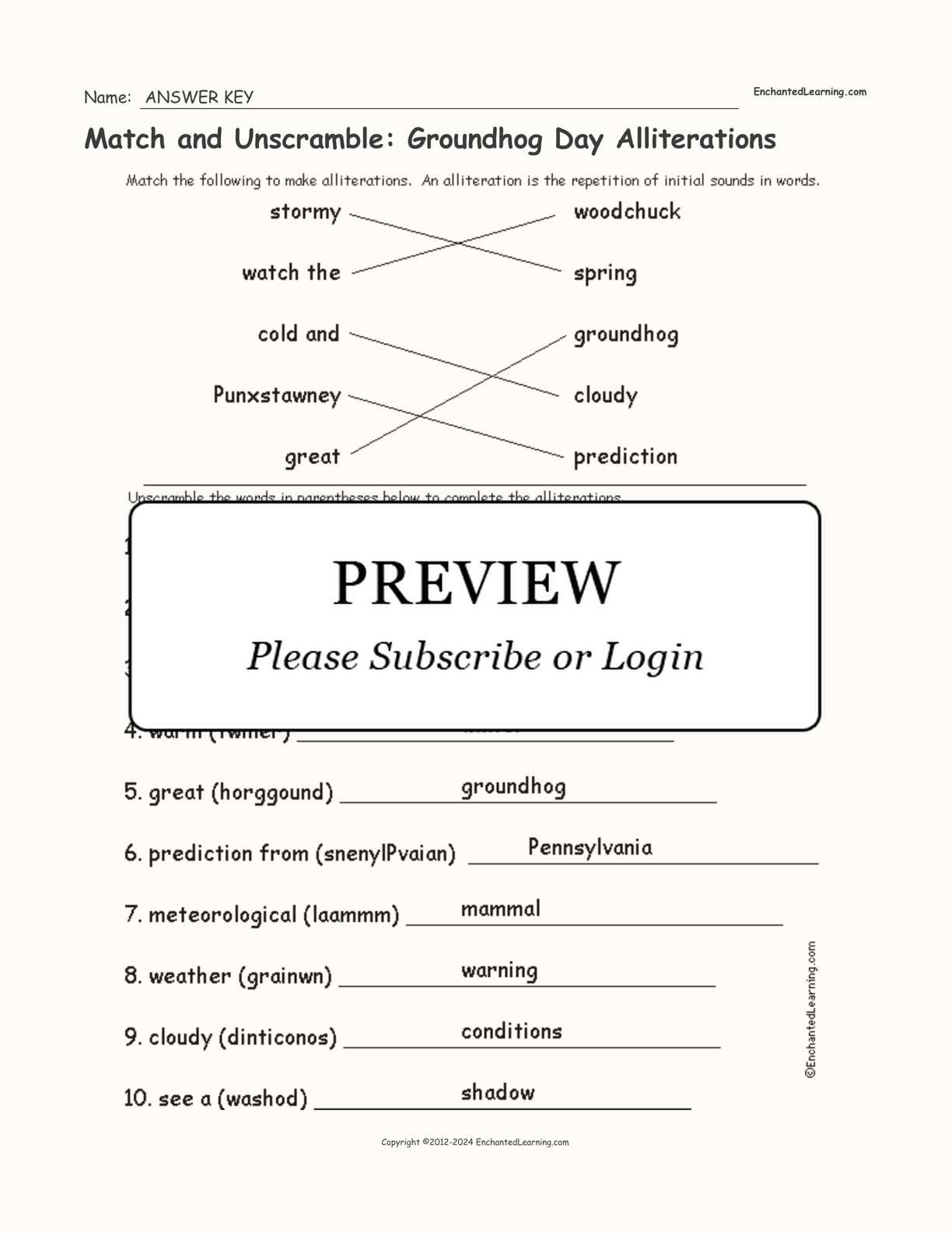 Match and Unscramble: Groundhog Day Alliterations interactive worksheet page 2