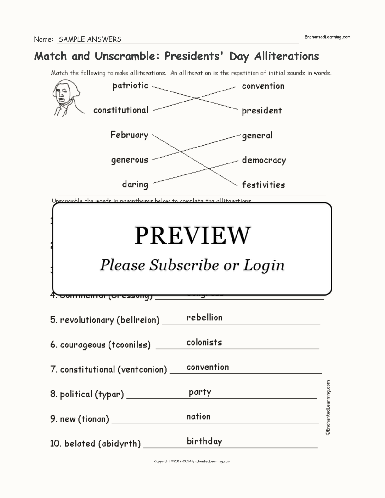 Match and Unscramble: Presidents' Day Alliterations interactive worksheet page 2