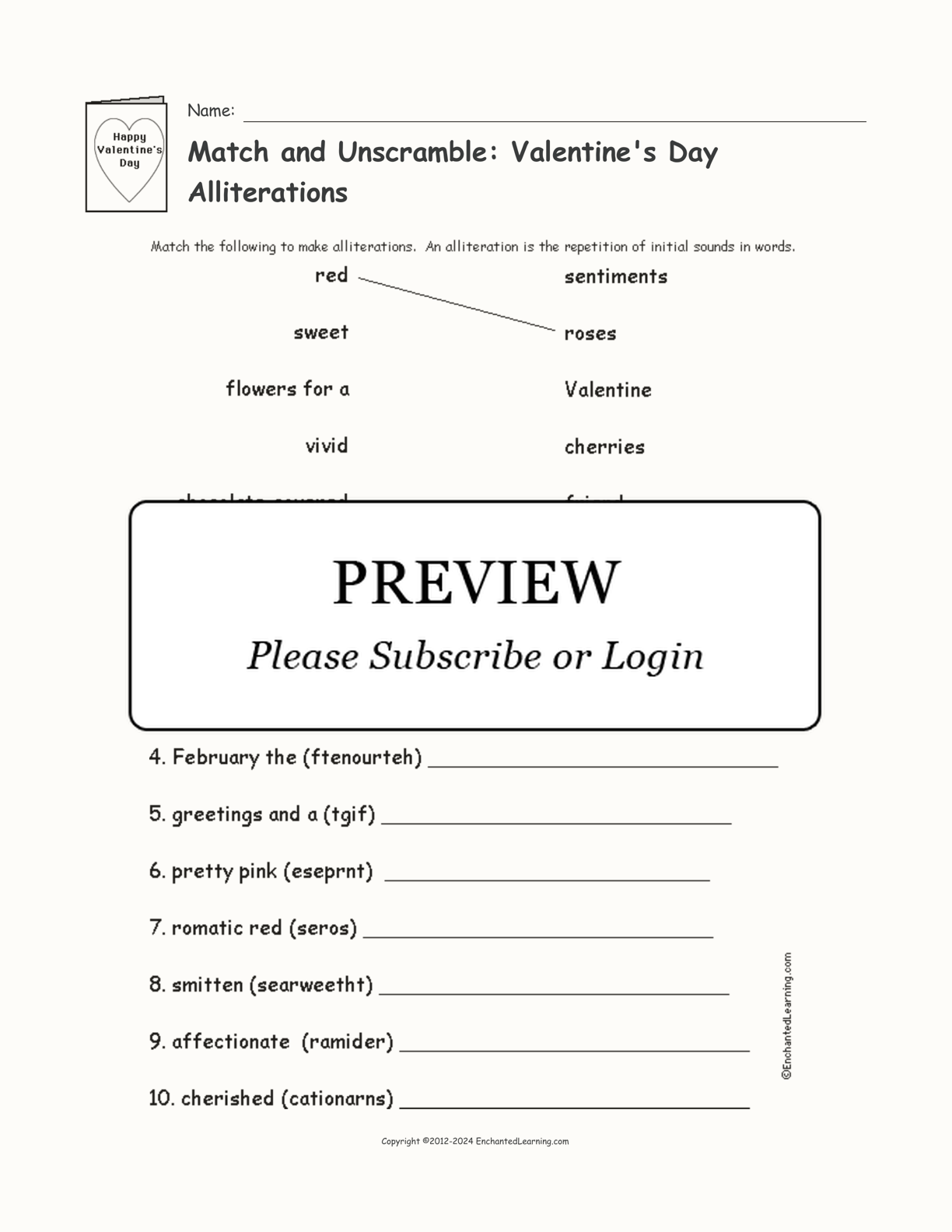 Match and Unscramble: Valentine's Day Alliterations interactive worksheet page 1