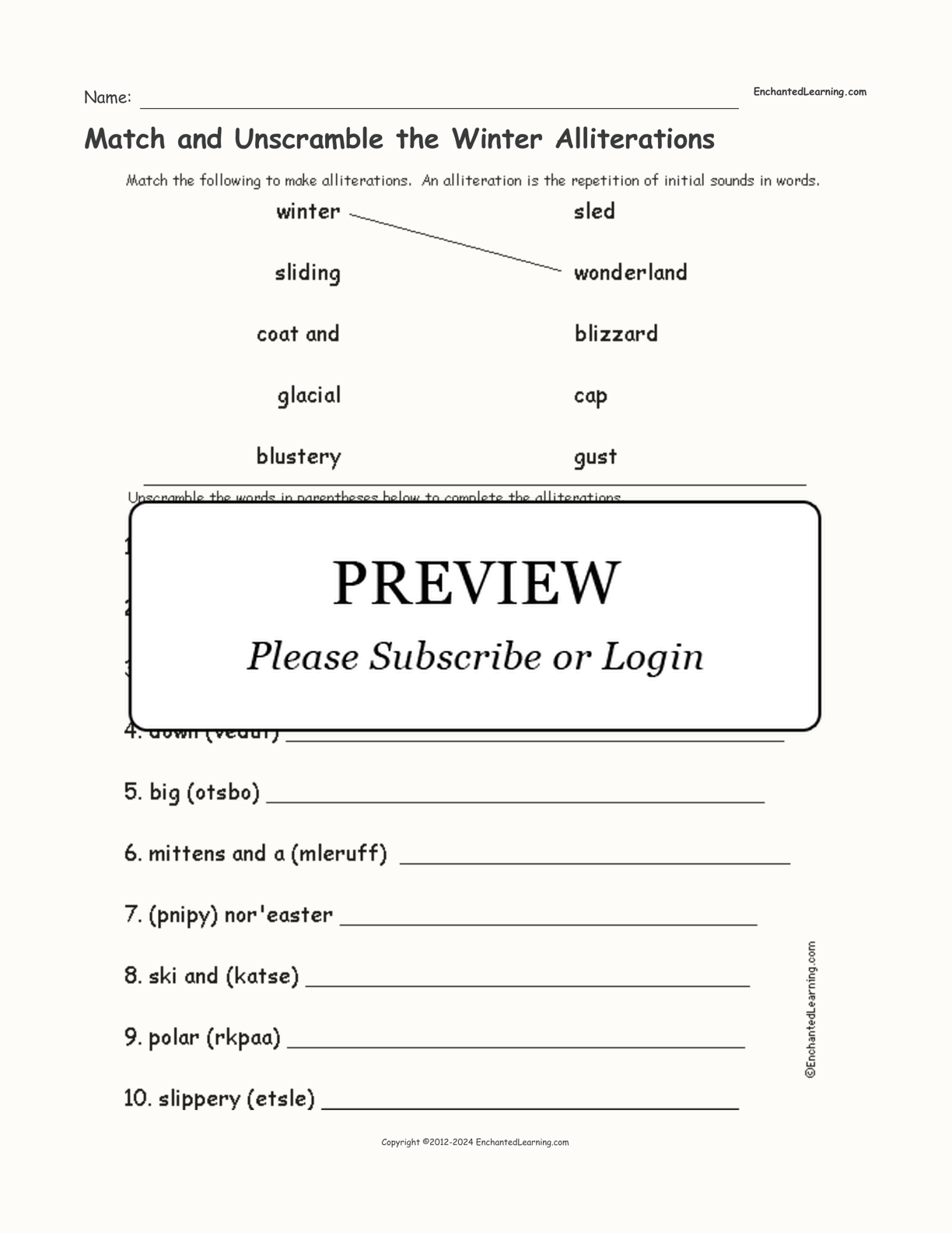 Match and Unscramble the Winter Alliterations interactive worksheet page 1