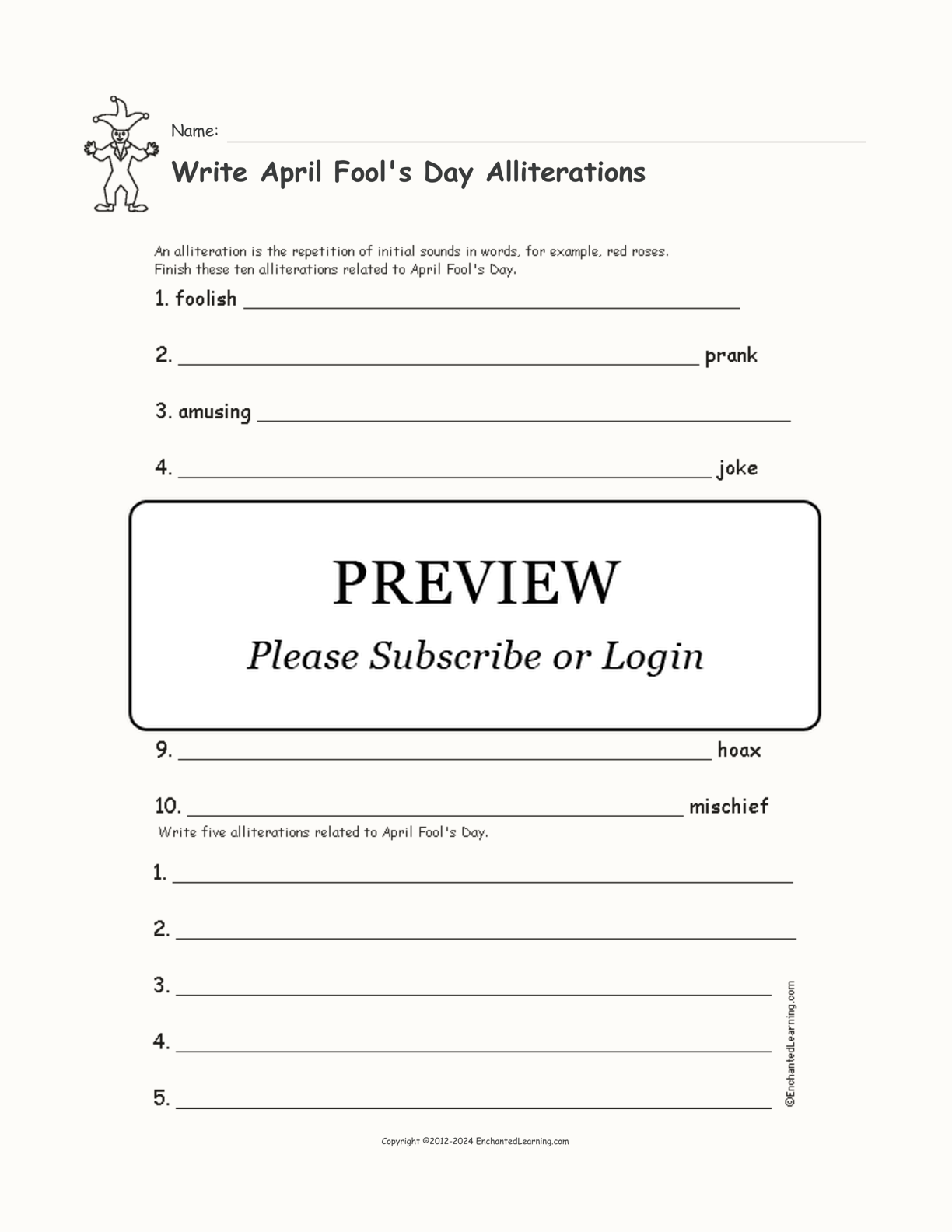 Write April Fool's Day Alliterations interactive worksheet page 1