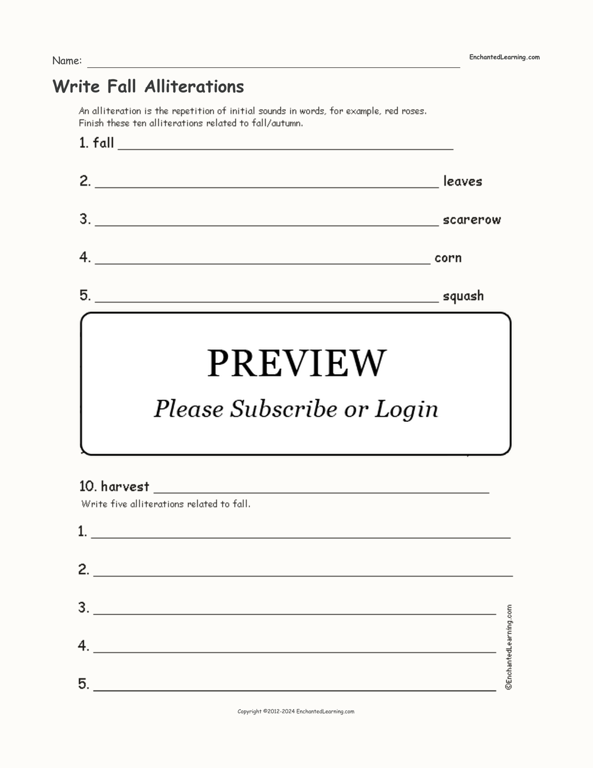 Write Fall Alliterations interactive worksheet page 1